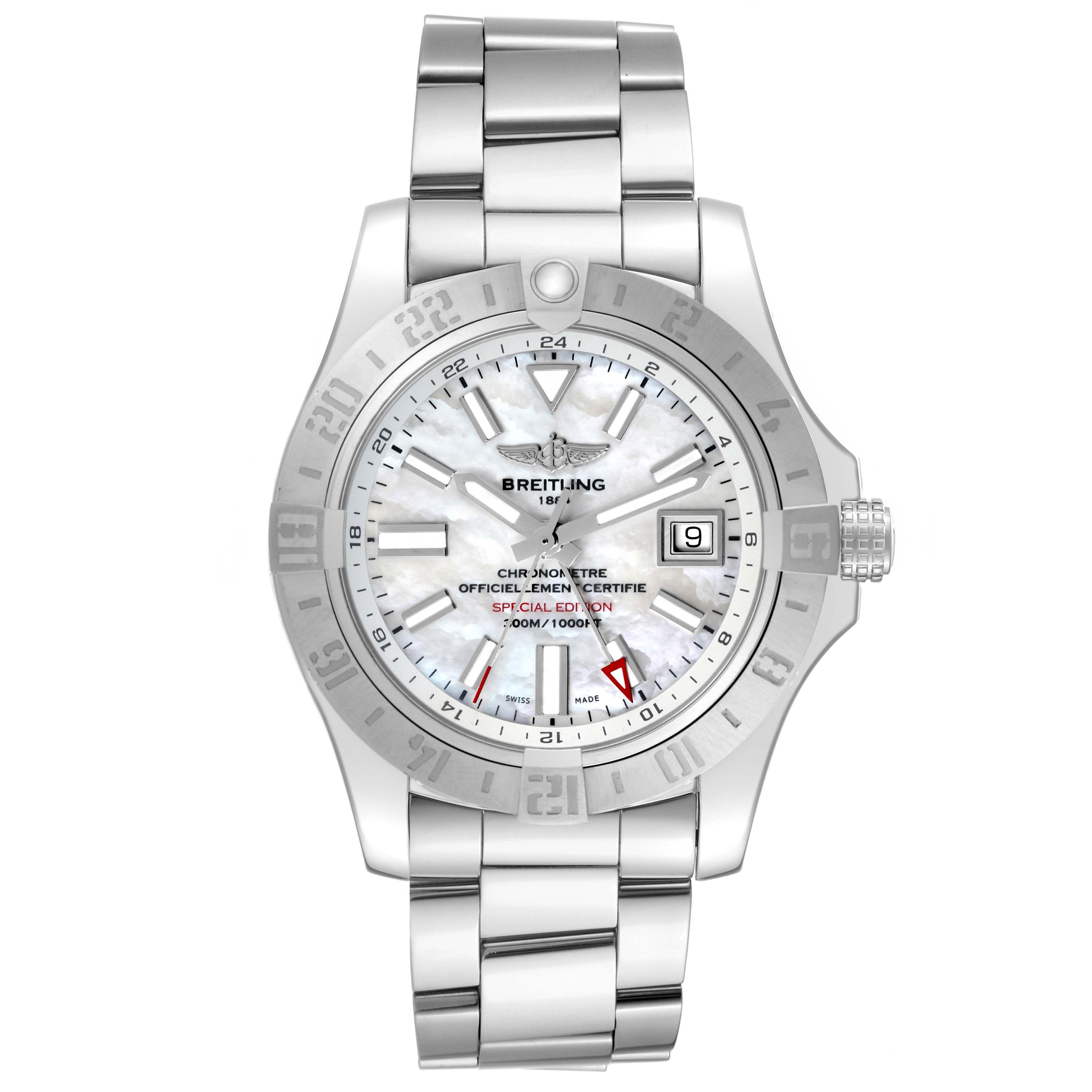 This image shows a Breitling Avenger A3239011/A809 Men's Stainless Steel Mother of Pearl Dial A3239011/A809 Men's Stainless Steel Mother of Pearl Dial watch from a front angle, highlighting its dial, bezel, and bracelet.