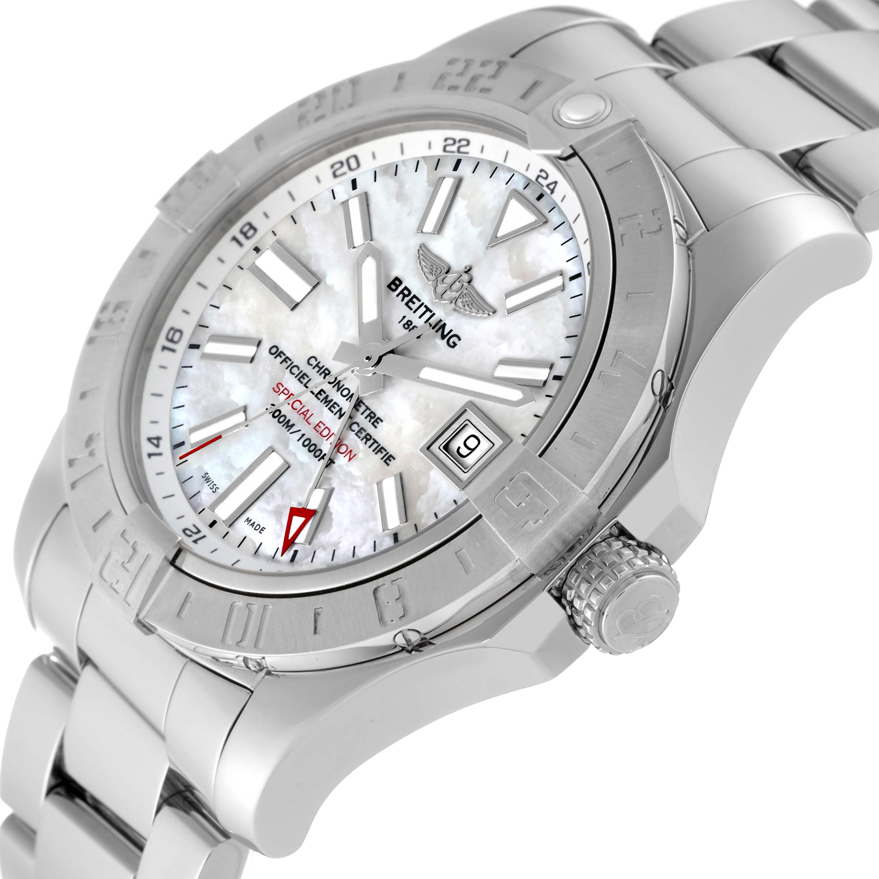 This image shows a Breitling Avenger A3239011/A809 Men's Stainless Steel Mother of Pearl Dial A3239011/A809 Men's Stainless Steel Mother of Pearl Dial watch at a slight side angle, highlighting the bezel, face, crown, and part of the bracelet.