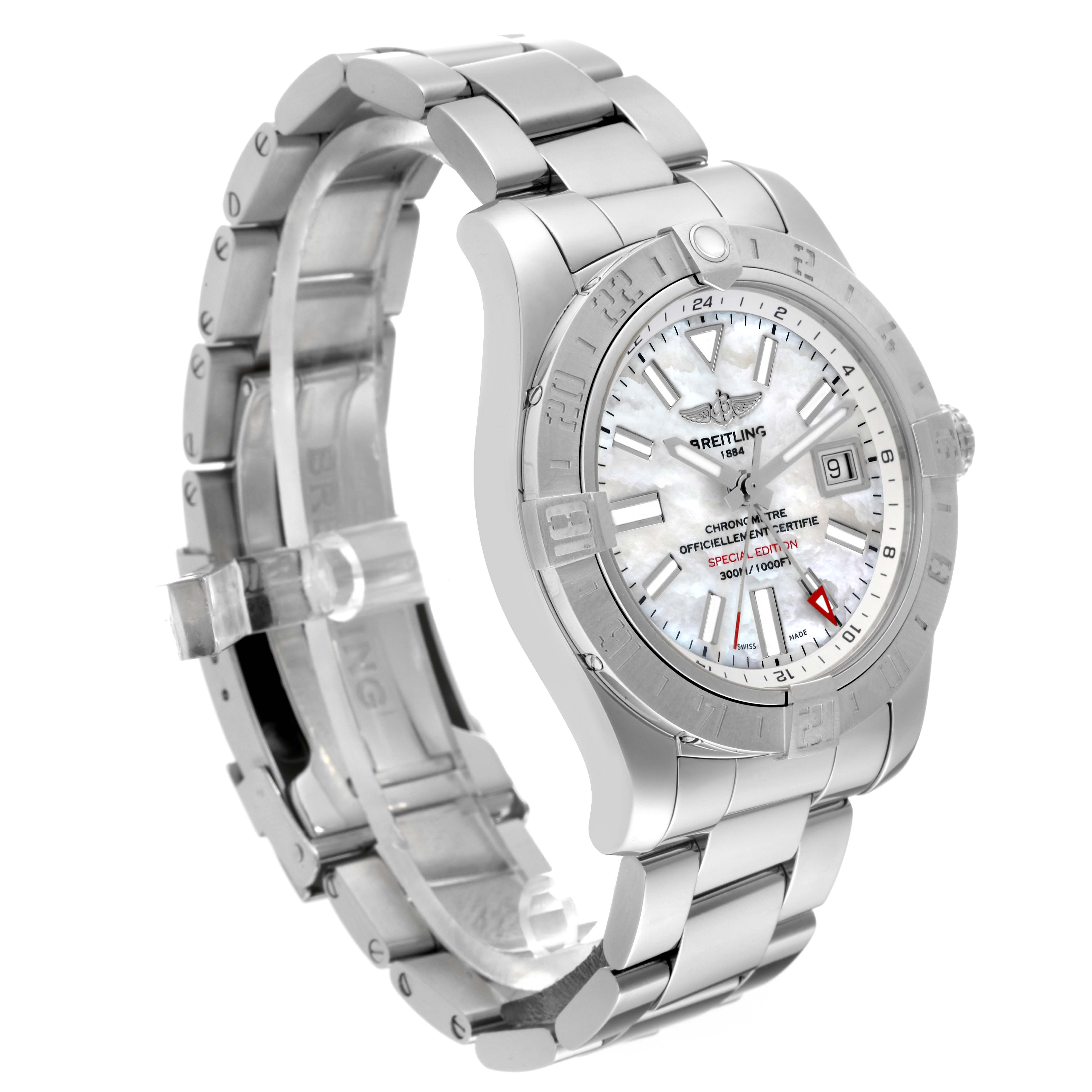 The image shows a side angle of the Breitling Avenger A3239011/A809 Men's Stainless Steel Mother of Pearl Dial A3239011/A809 Men's Stainless Steel Mother of Pearl Dial watch, highlighting the stainless steel case, bracelet, and face details.