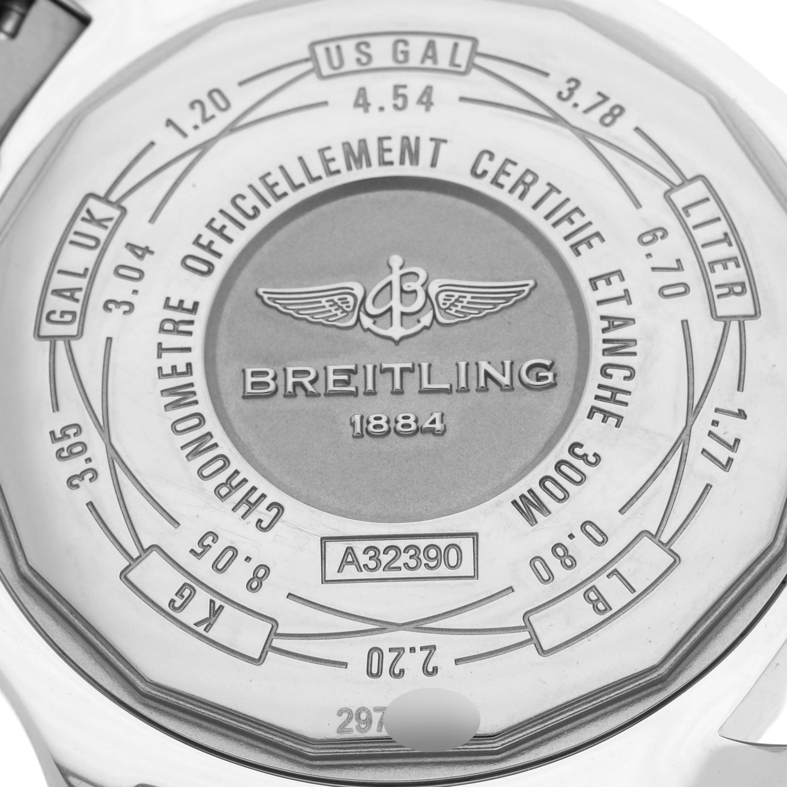 The image shows the engraved back of a Breitling Avenger A3239011/A809 Men's Stainless Steel Mother of Pearl Dial A3239011/A809 Men's Stainless Steel Mother of Pearl Dial watch, displaying various unit conversions and the brand logo.