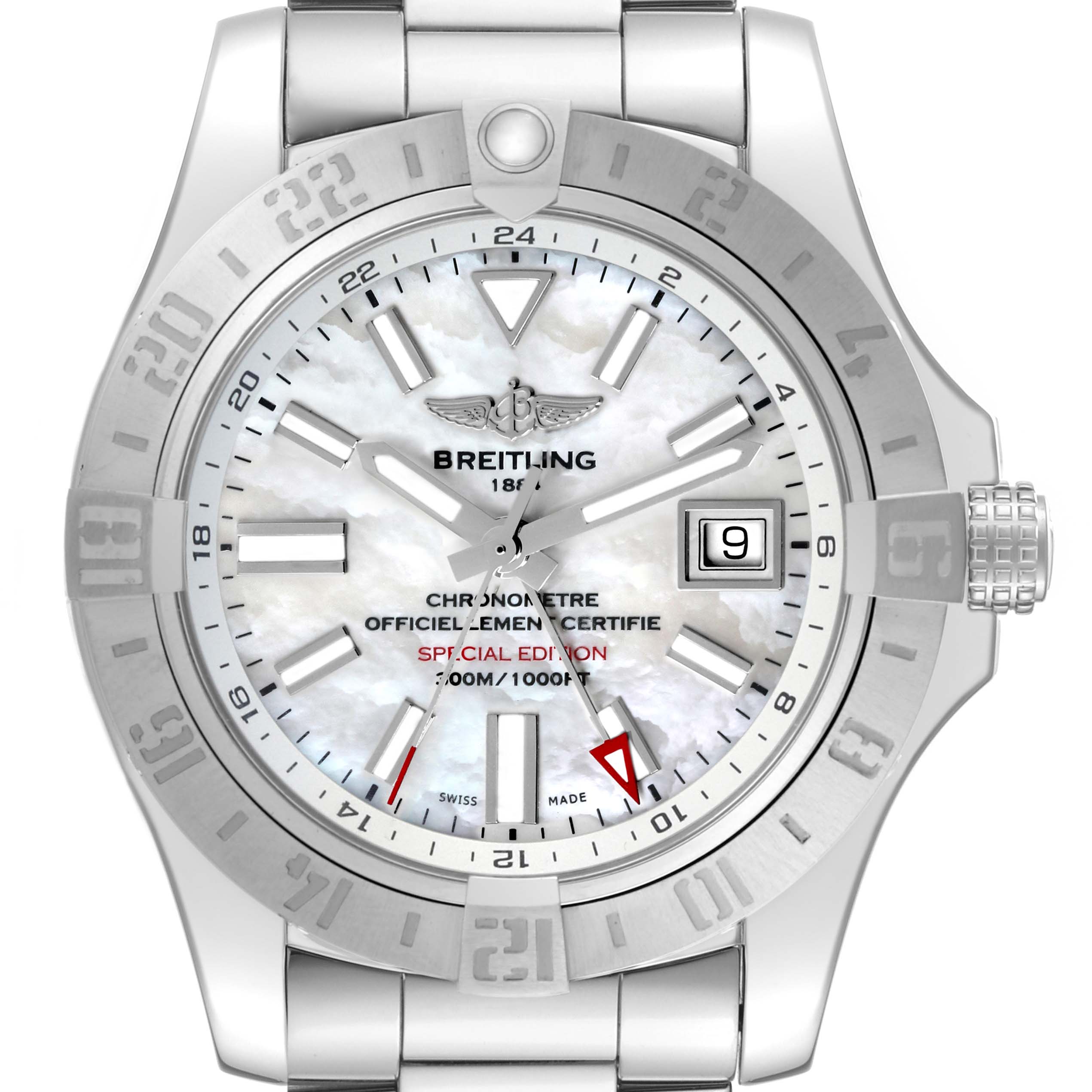 The image shows a front view of a Breitling Avenger A3239011/A809 Men's Stainless Steel Mother of Pearl Dial A3239011/A809 Men's Stainless Steel Mother of Pearl Dial watch highlighting the face, bezel, crown, and part of the strap.