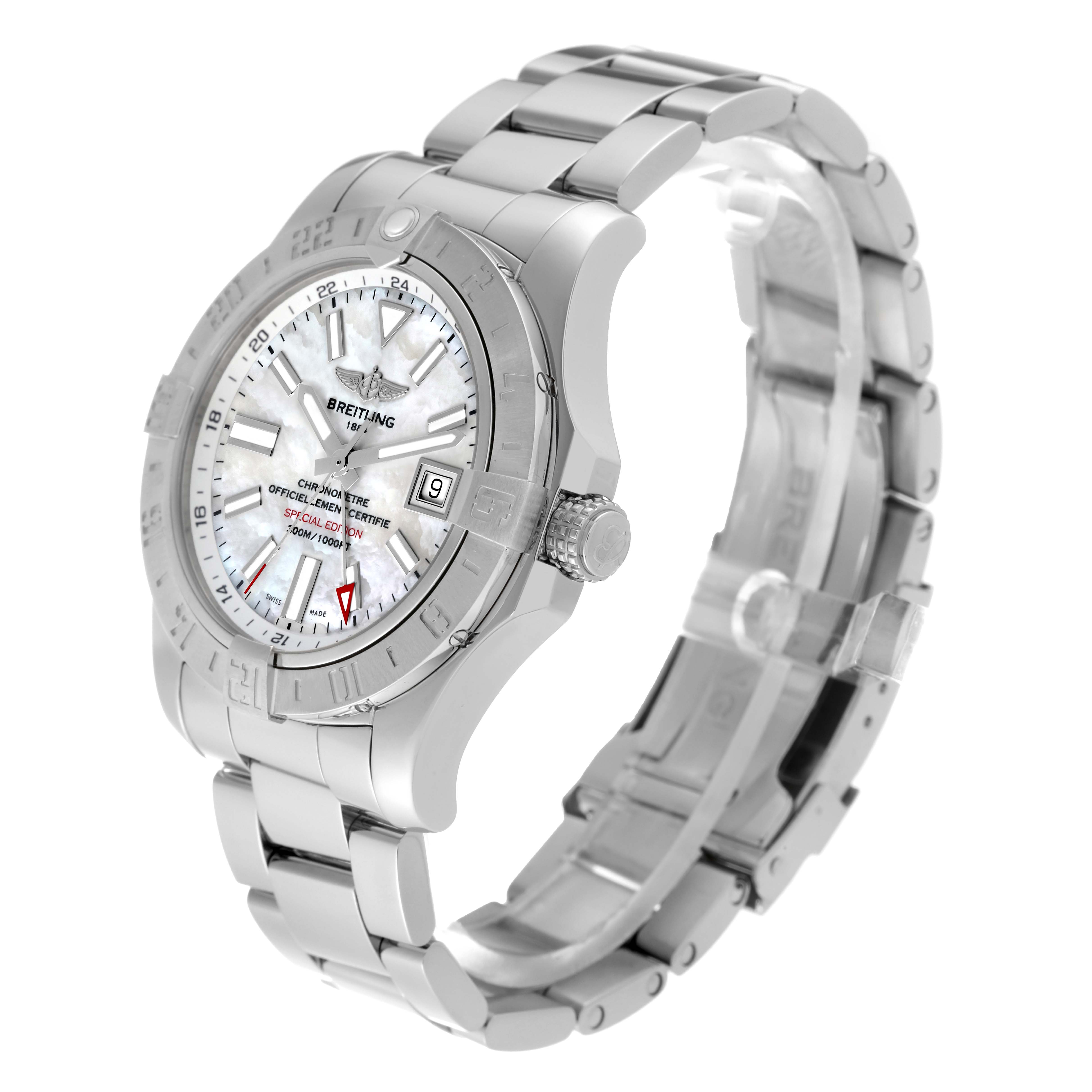 The image shows a side angle of a Breitling Avenger A3239011/A809 Men's Stainless Steel Mother of Pearl Dial A3239011/A809 Men's Stainless Steel Mother of Pearl Dial watch, displaying its face, bezel, crown, and metal bracelet.