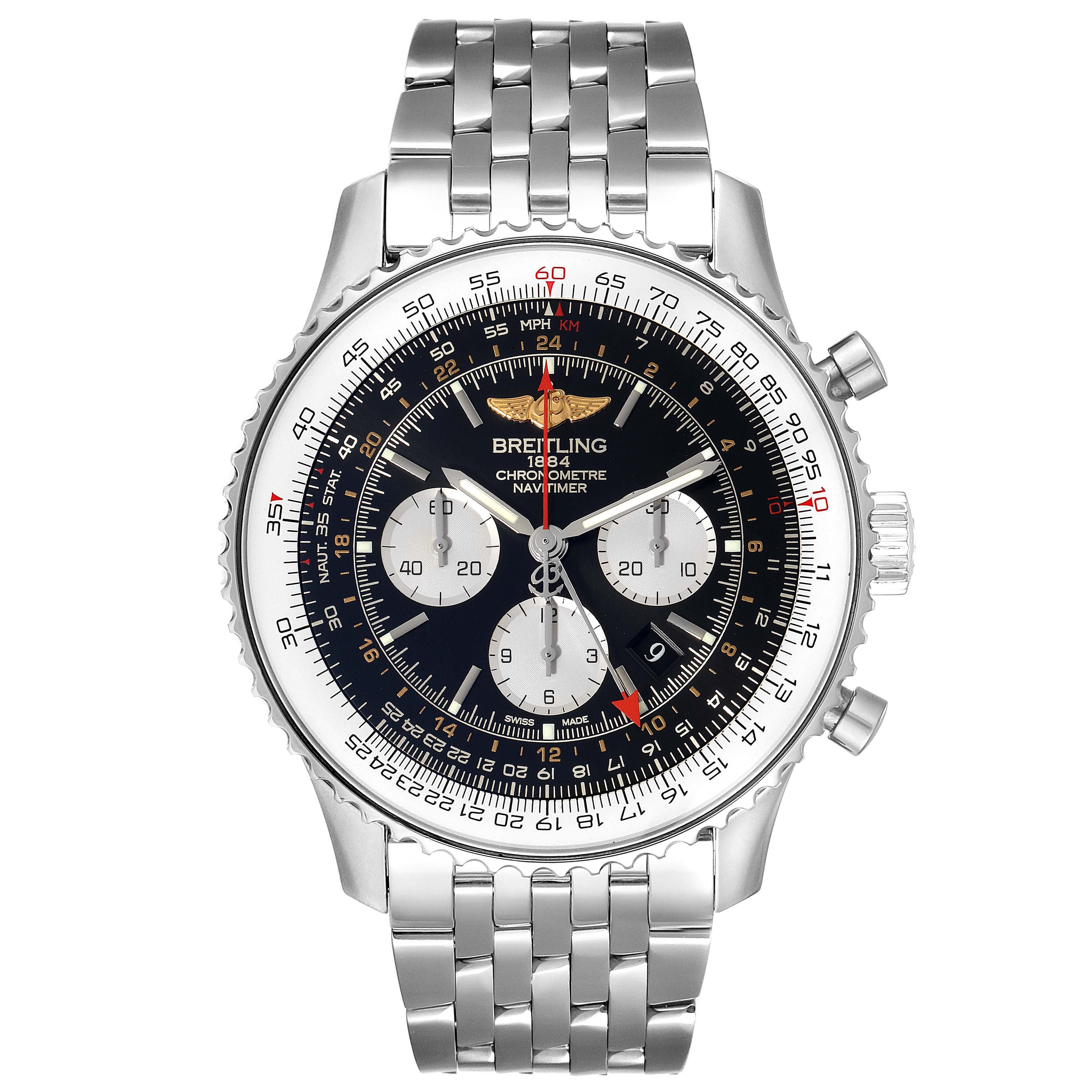 The image shows a front view of a Breitling Navitimer AB044121/BD24/443A Men's Stainless Steel Black Dial AB044121/BD24/443A Men's Stainless Steel Black Dial watch, displaying its face, chronograph dials, bezel, and metal strap.