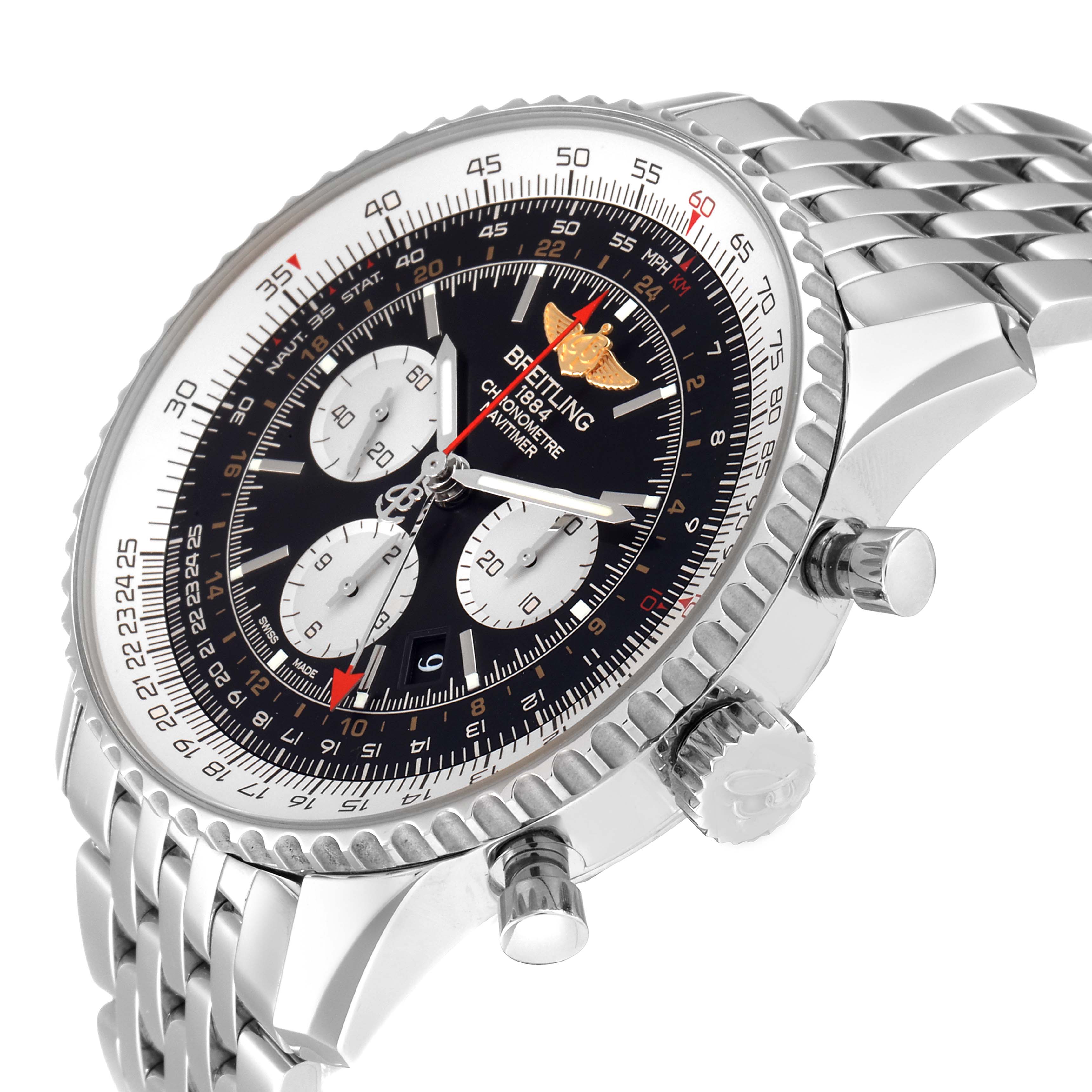 This image shows the Breitling Navitimer AB044121/BD24/443A Men's Stainless Steel Black Dial AB044121/BD24/443A Men's Stainless Steel Black Dial watch at an angle highlighting the face, bezel, crown, and chronograph pushers.