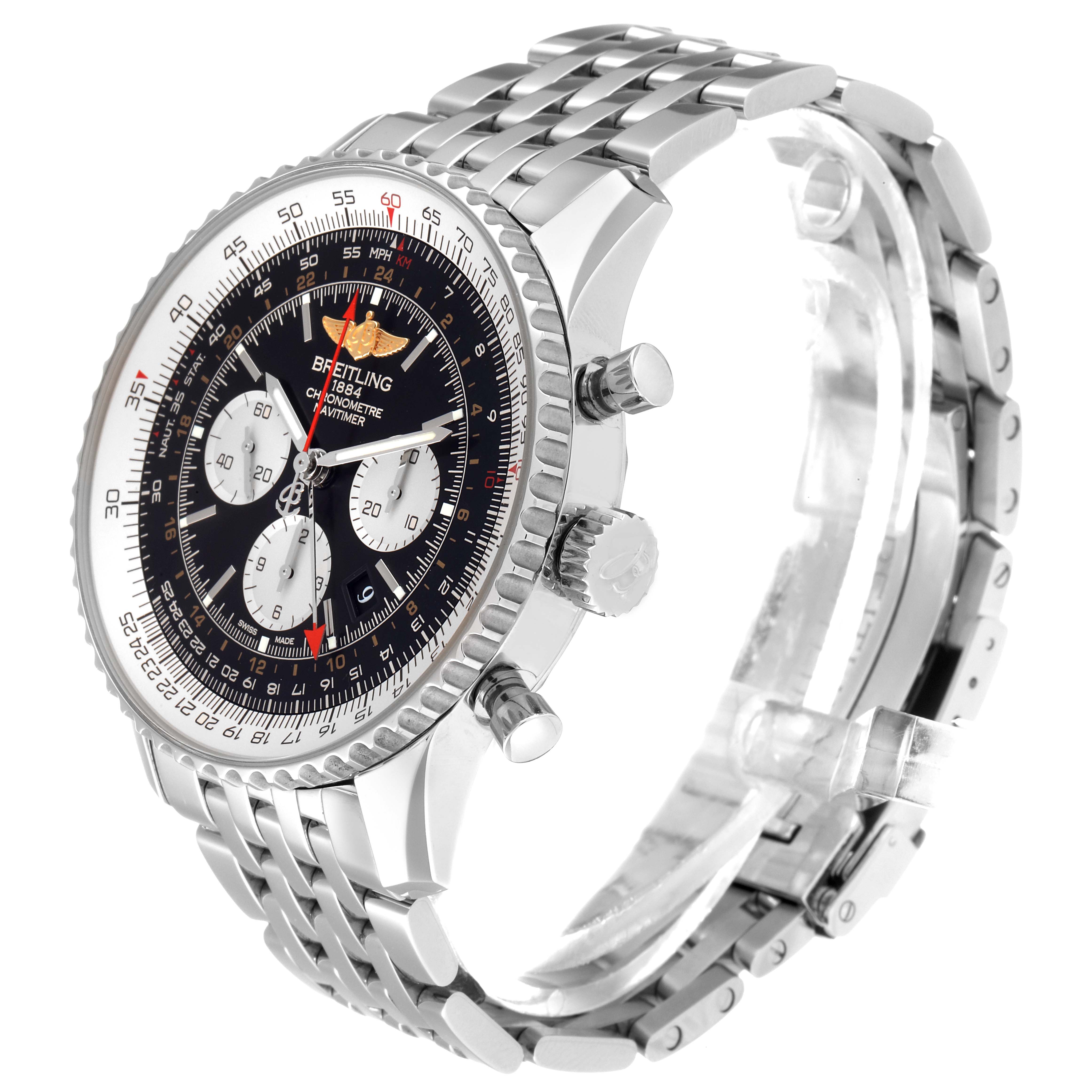 This image shows a Breitling Navitimer AB044121/BD24/443A Men's Stainless Steel Black Dial AB044121/BD24/443A Men's Stainless Steel Black Dial watch from a three-quarter view highlighting the face, case, and bracelet.