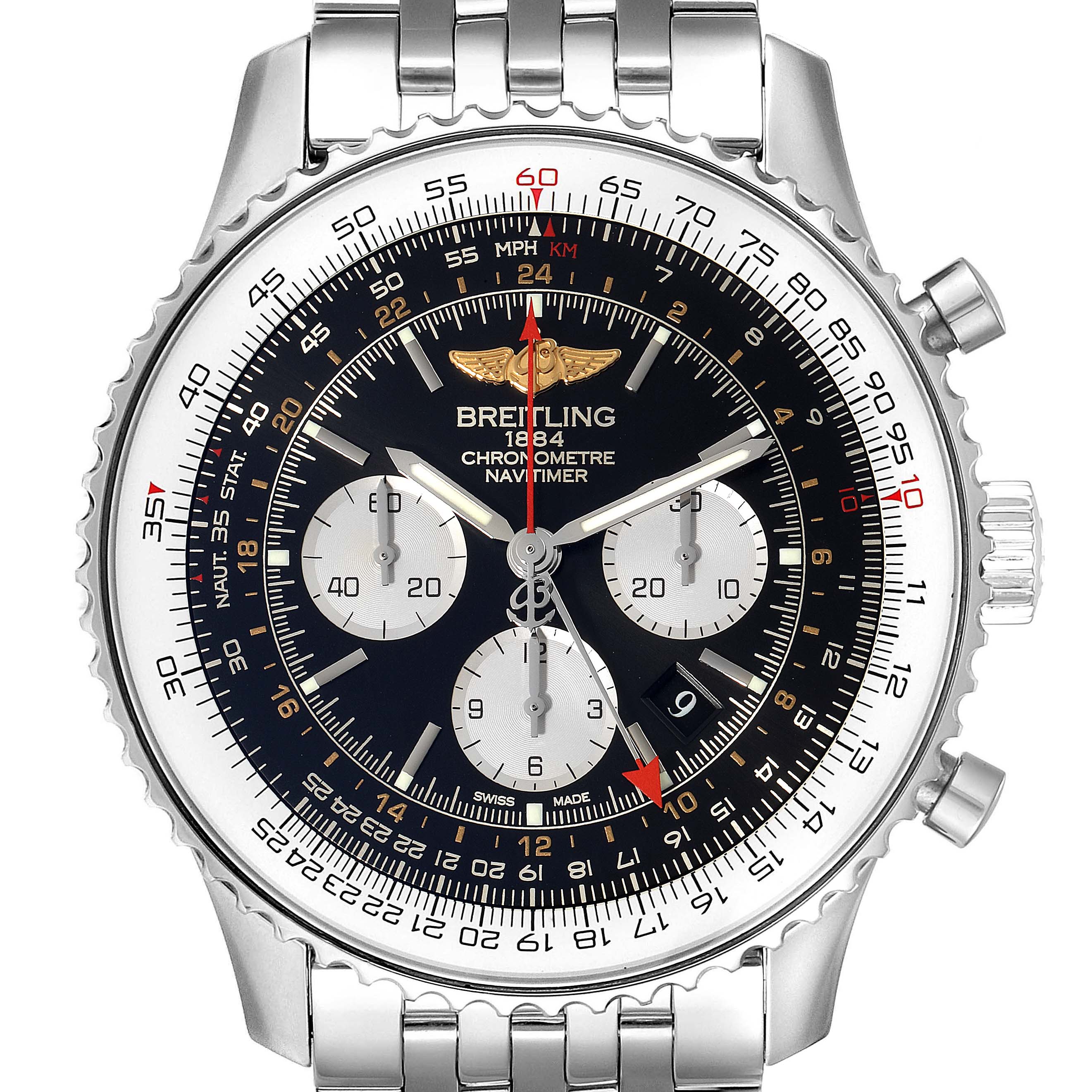 The image shows a front view of the Breitling Navitimer AB044121/BD24/443A Men's Stainless Steel Black Dial AB044121/BD24/443A Men's Stainless Steel Black Dial watch displaying its dial, bezel, chronograph subdials, and part of the bracelet.