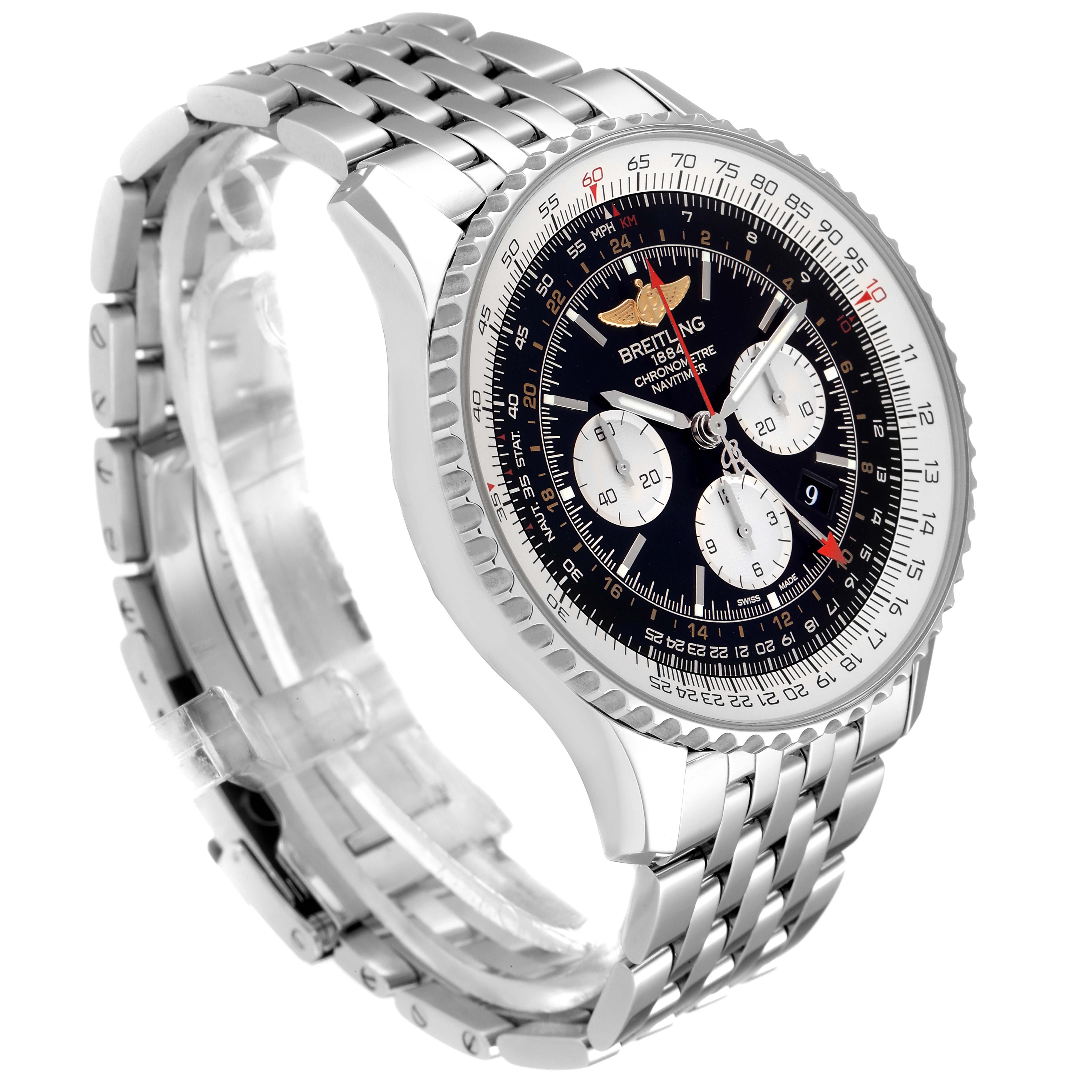 The image shows a Breitling Navitimer AB044121/BD24/443A Men's Stainless Steel Black Dial AB044121/BD24/443A Men's Stainless Steel Black Dial watch at a 3/4 angle, highlighting the dial, bezel, and metal bracelet.
