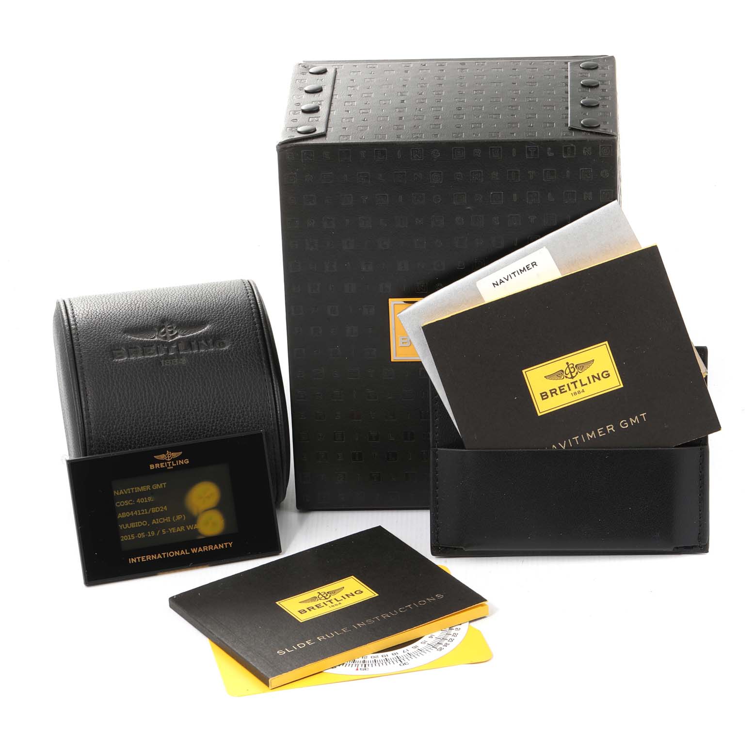The image shows the packaging, warranty card, and instruction booklets for the Breitling Navitimer AB044121/BD24/443A Men's Stainless Steel Black Dial AB044121/BD24/443A Men's Stainless Steel Black Dial GMT watch.
