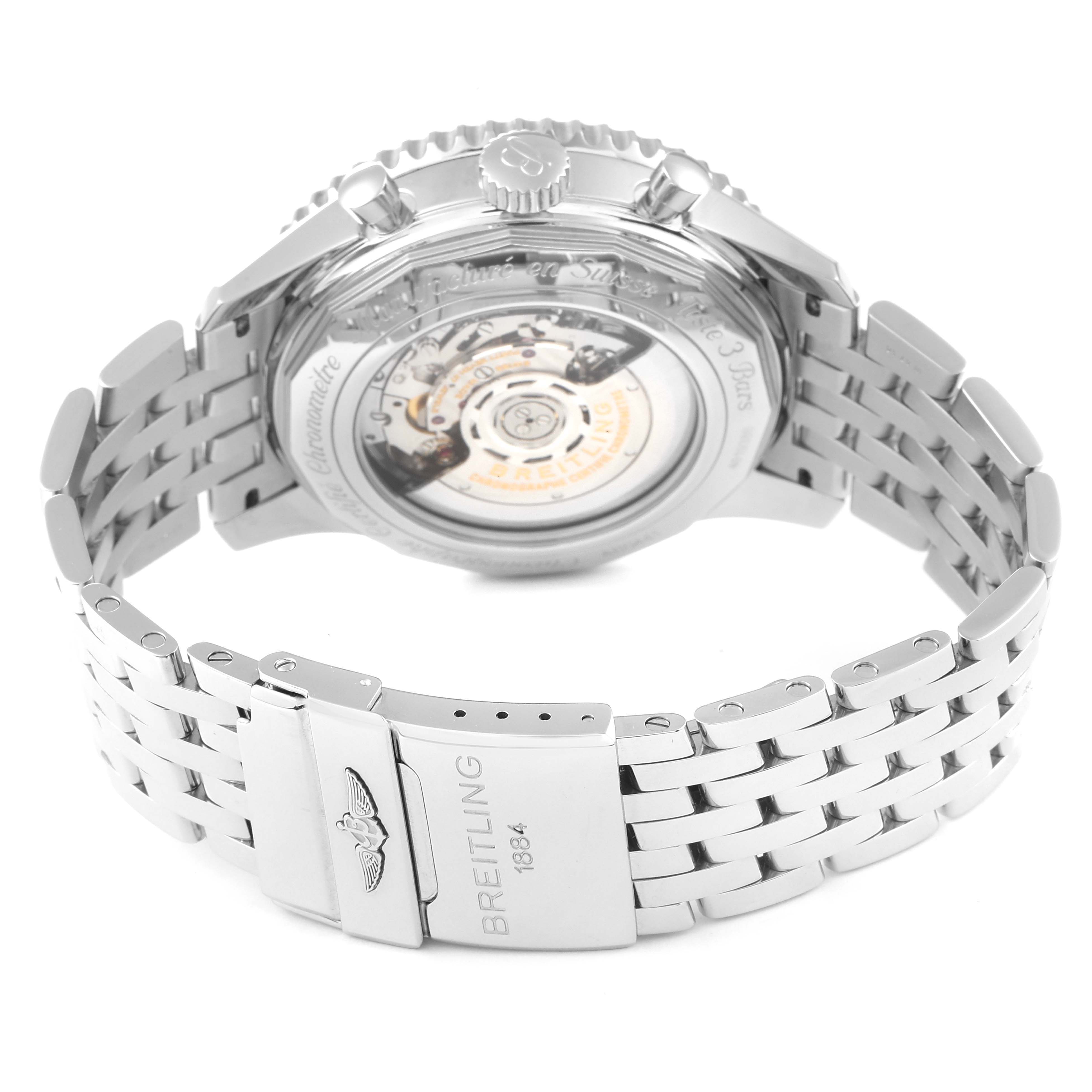 The image shows the back view of a Breitling Navitimer AB044121/BD24/443A Men's Stainless Steel Black Dial AB044121/BD24/443A Men's Stainless Steel Black Dial watch, highlighting its stainless steel bracelet and transparent case back.