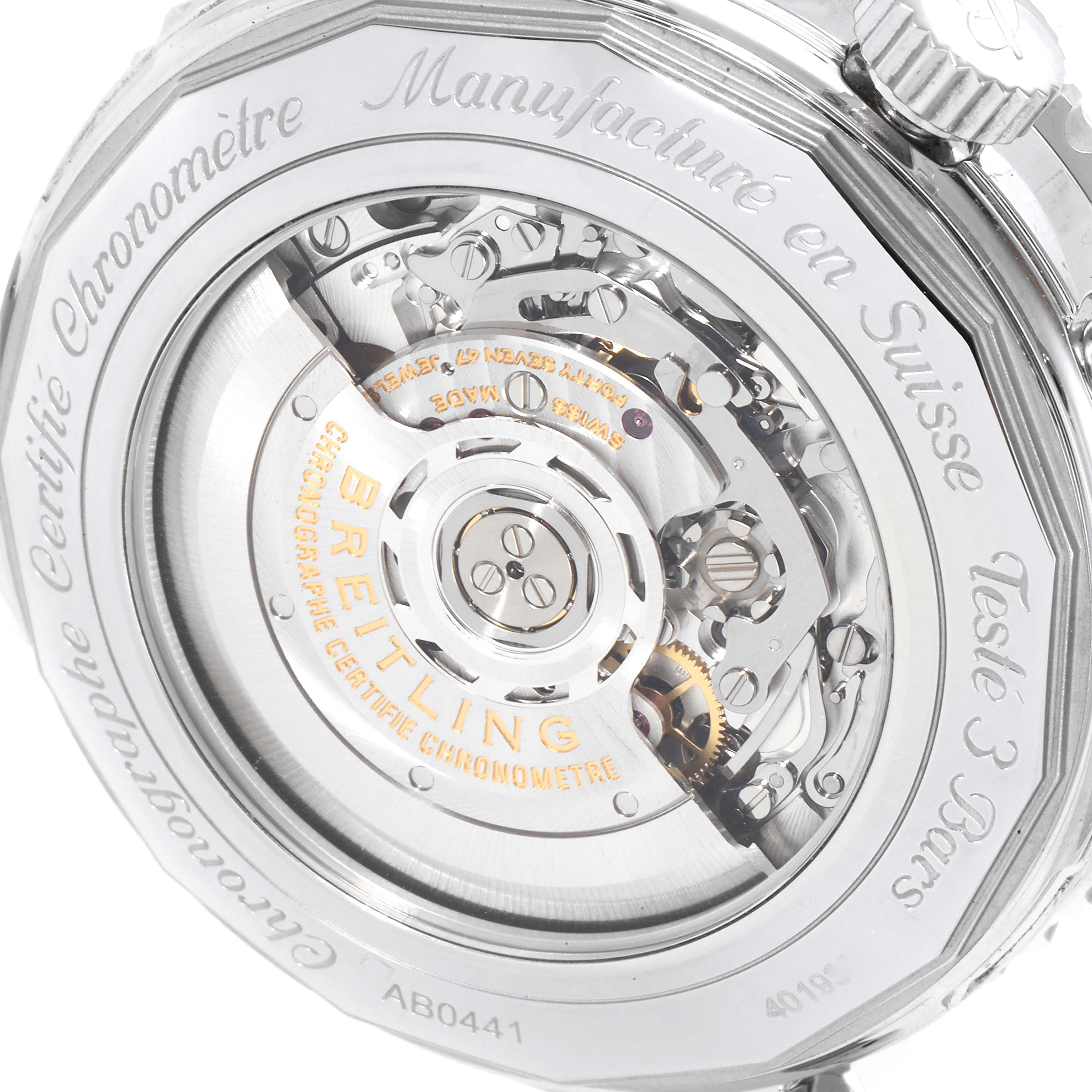 The image shows the back of a Breitling Navitimer AB044121/BD24/443A Men's Stainless Steel Black Dial AB044121/BD24/443A Men's Stainless Steel Black Dial watch, revealing its automatic movement and inscription details.