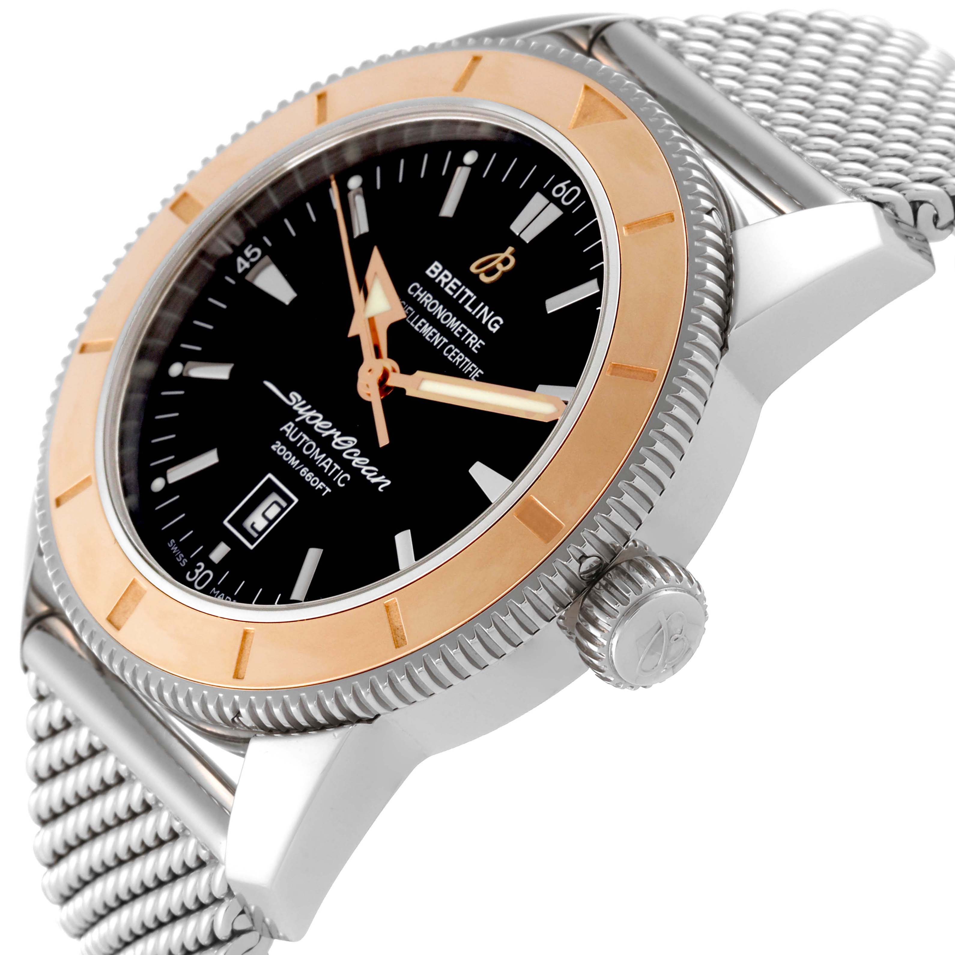 The image shows a side angle of the Breitling Superocean U17320 Men's Steel and Gold (two tone) Black Dial U17320 Men's Steel and Gold (two tone) Black Dial watch, highlighting its bezel, dial, crown, and mesh bracelet.