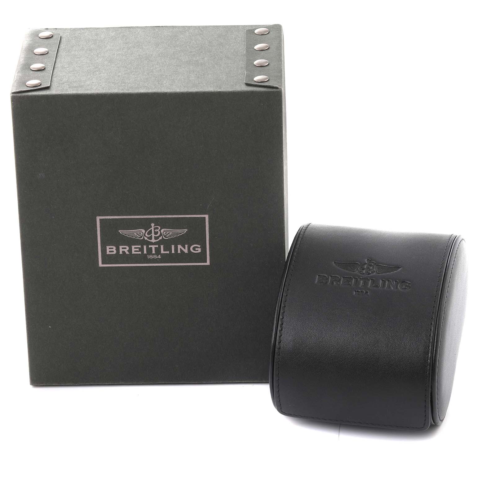 This image shows the packaging and leather case of a Breitling Superocean U17320 Men's Steel and Gold (two tone) Black Dial U17320 Men's Steel and Gold (two tone) Black Dial watch.