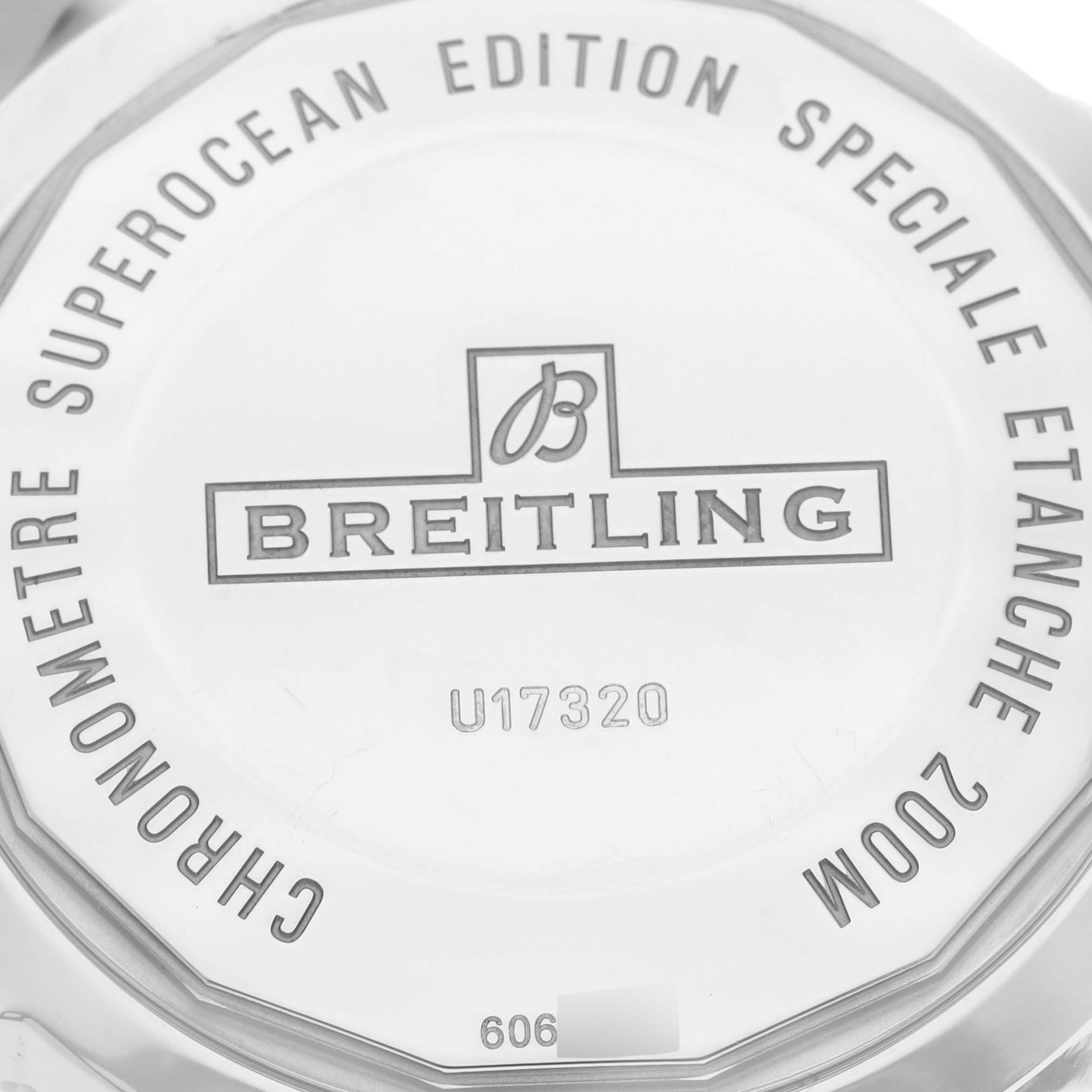 The image shows the back case of a Breitling Superocean U17320 Men's Steel and Gold (two tone) Black Dial U17320 Men's Steel and Gold (two tone) Black Dial watch, highlighting the logo and model details.