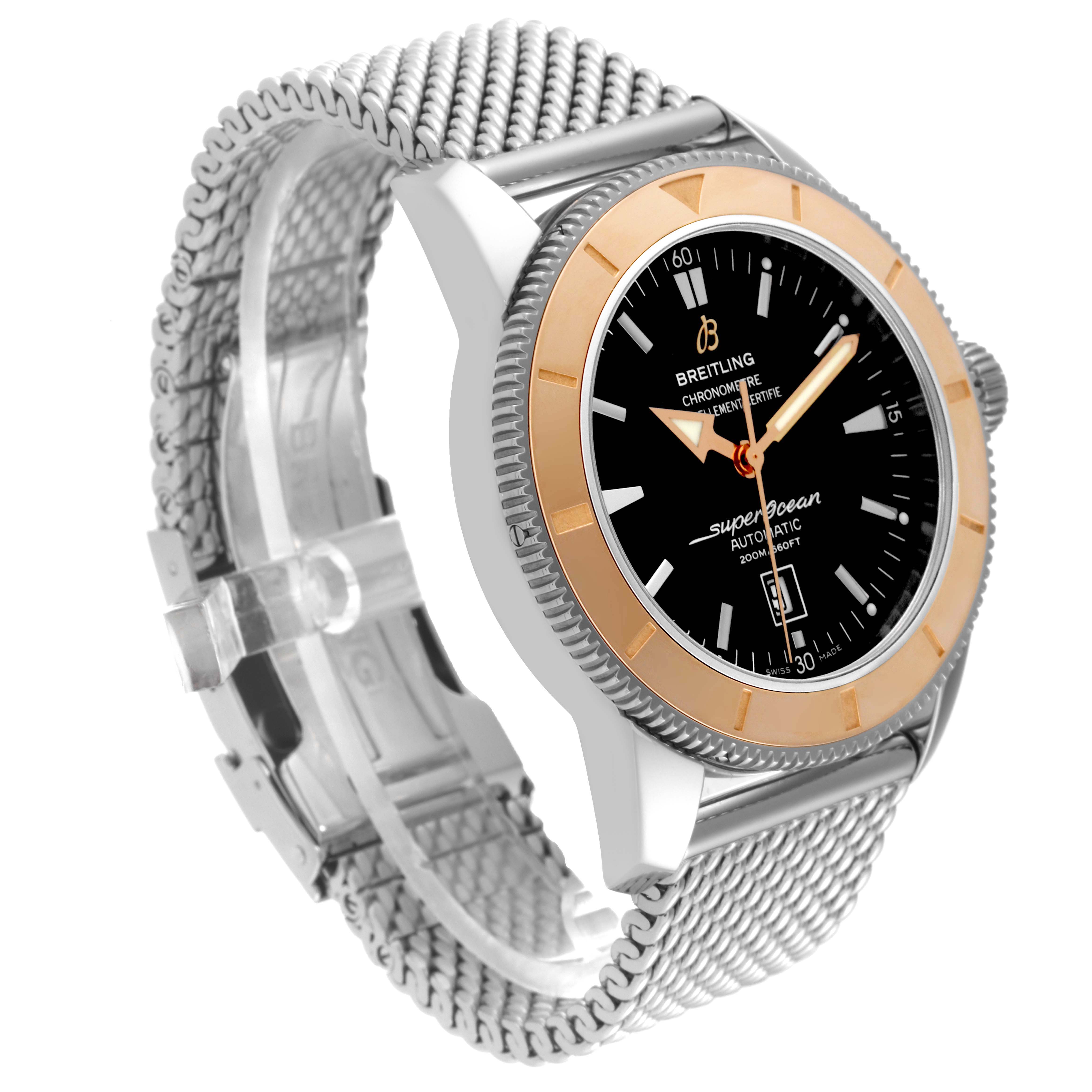 The image shows the Breitling Superocean U17320 Men's Steel and Gold (two tone) Black Dial U17320 Men's Steel and Gold (two tone) Black Dial watch at a side angle, highlighting the watch face, bezel, and metal mesh strap.