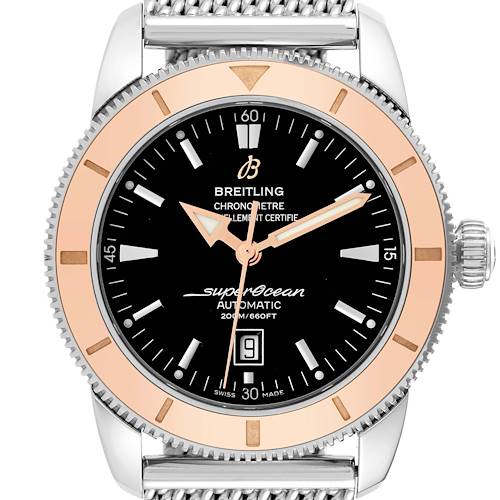 This Breitling Superocean watch is shown from a front angle displaying the dial, hands, bezel, crown, and part of the bracelet.