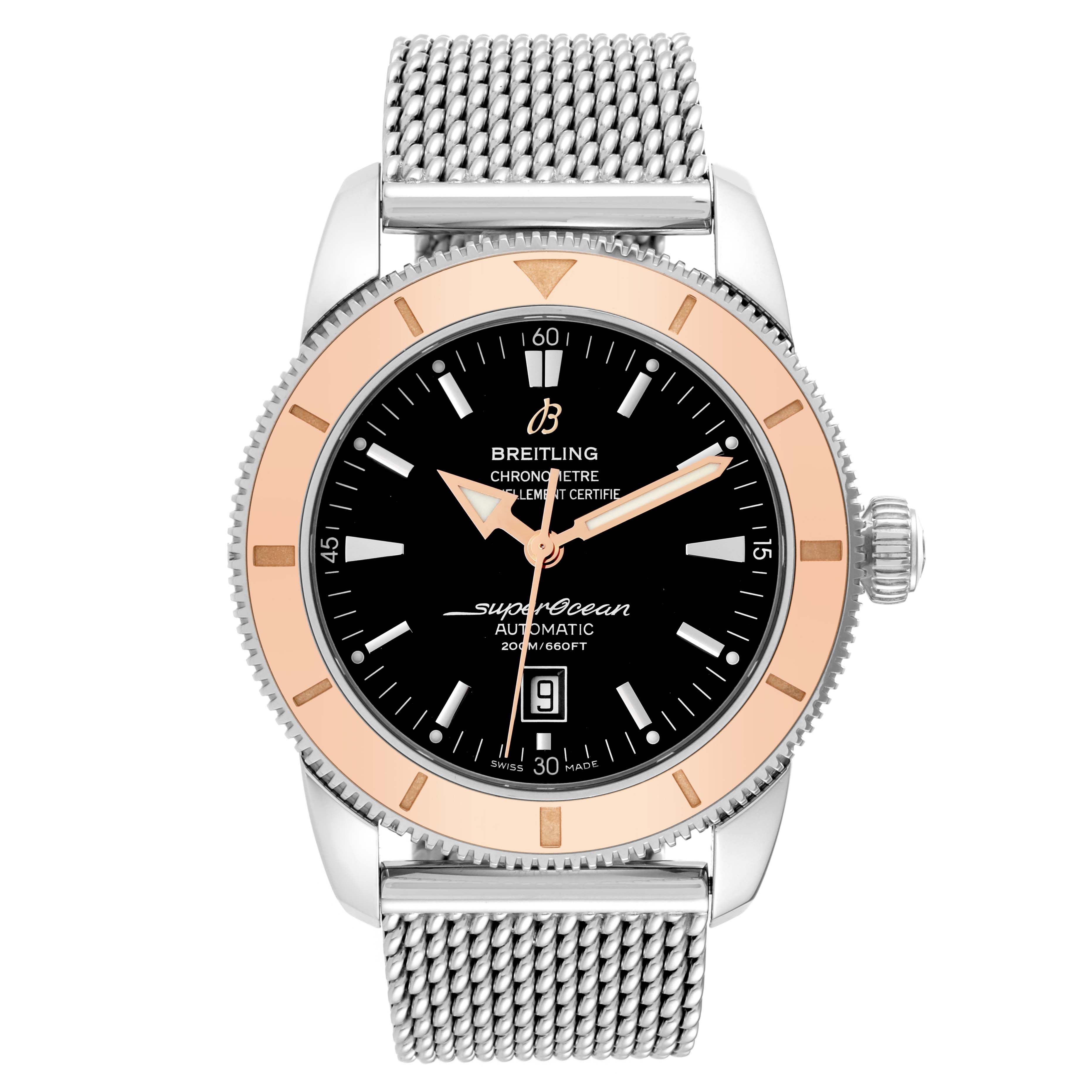 This image shows a front view of the Breitling Superocean U17320 Men's Steel and Gold (two tone) Black Dial U17320 Men's Steel and Gold (two tone) Black Dial watch, featuring a mesh strap and a black dial with a gold bezel.