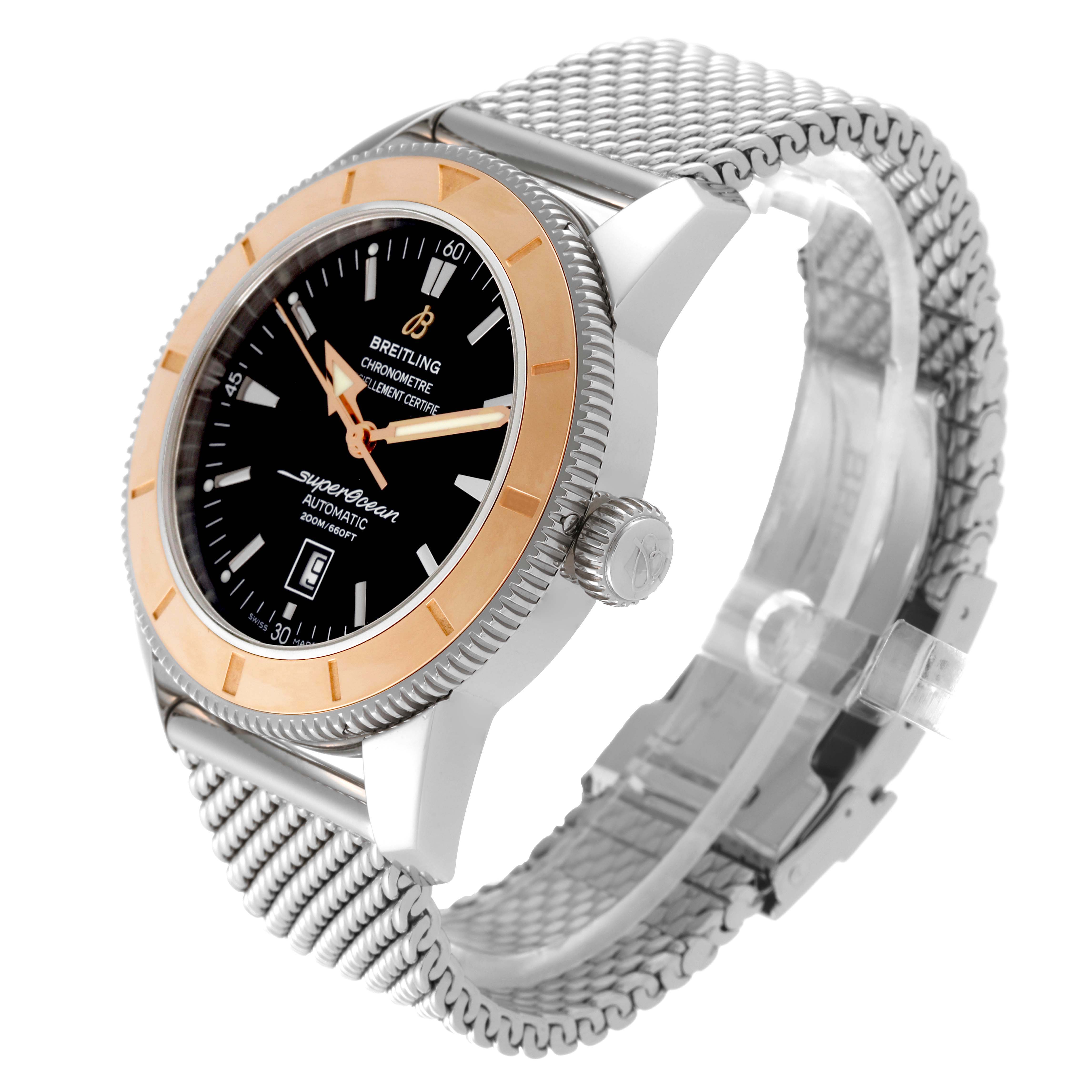 The image shows the Breitling Superocean U17320 Men's Steel and Gold (two tone) Black Dial U17320 Men's Steel and Gold (two tone) Black Dial watch from an angled side view, highlighting its mesh bracelet and bezel.