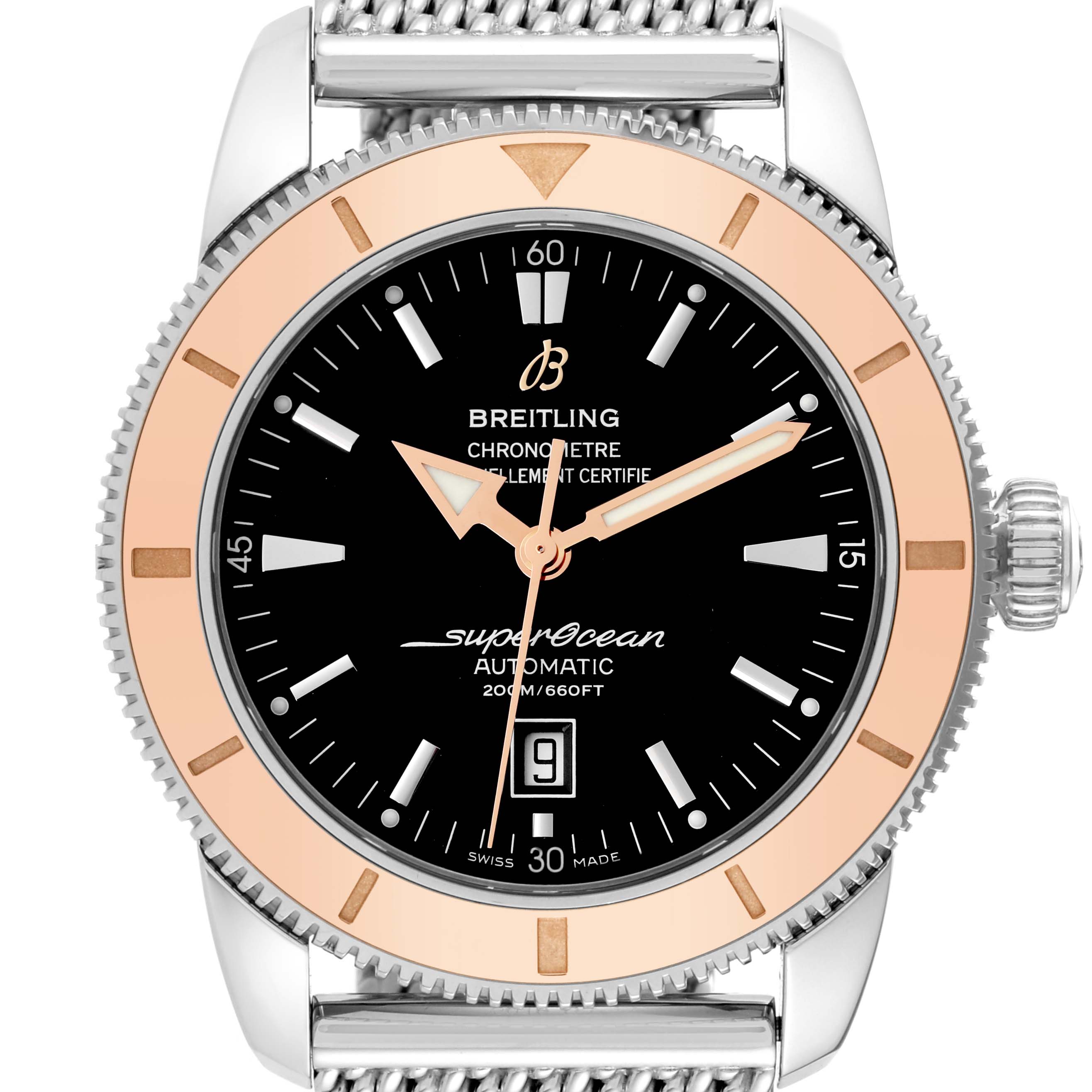 The Breitling Superocean U17320 Men's Steel and Gold (two tone) Black Dial U17320 Men's Steel and Gold (two tone) Black Dial watch is shown from the front, displaying its face, bezel, and part of the band.