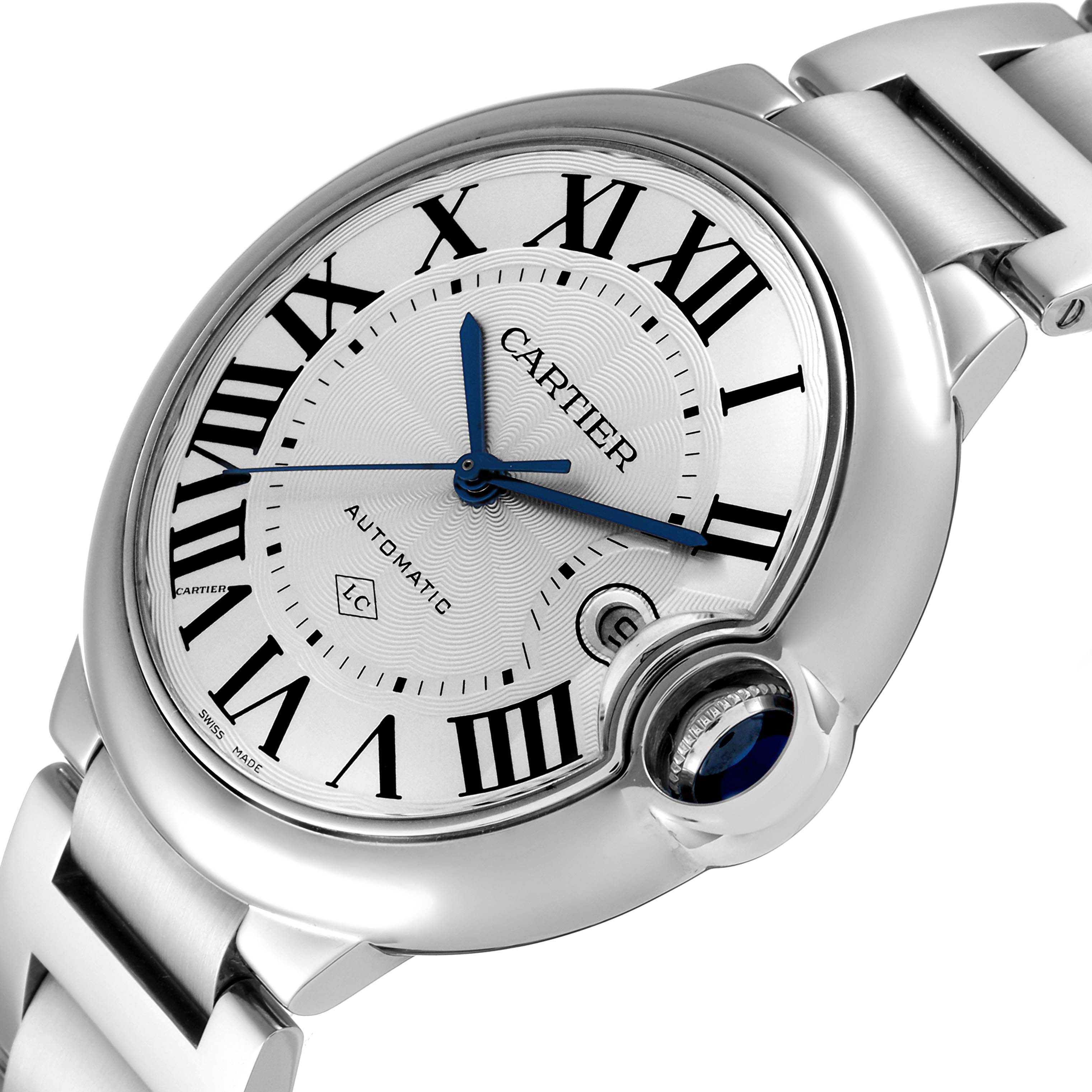 This image shows a close-up angle of the face and part of the band of a Cartier Ballon Bleu W6920094 Men's Stainless Steel Silver Dial W6920094 Men's Stainless Steel Silver Dial watch.