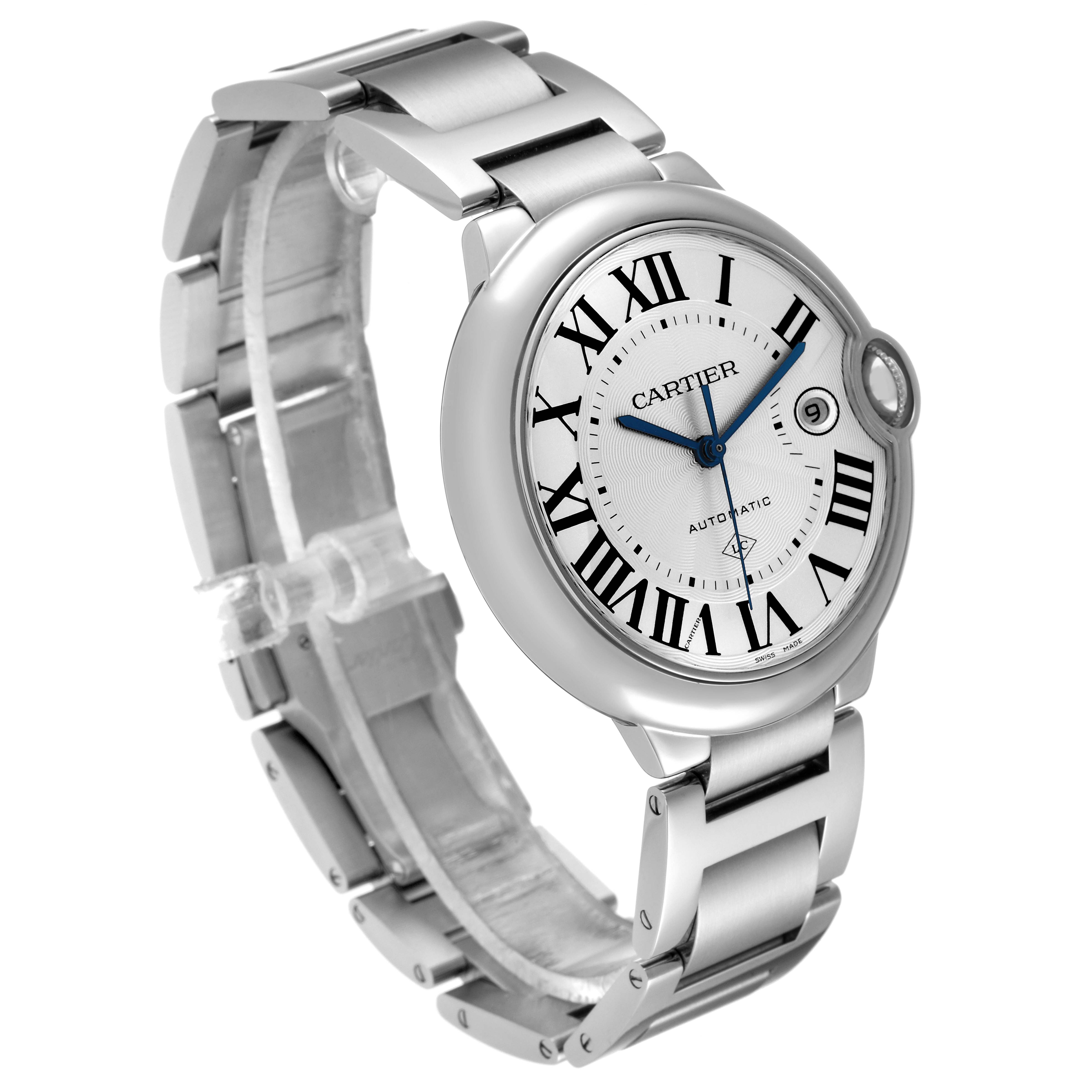 This image shows a Ballon Bleu Cartier watch from a three-quarter angle, highlighting the face, bracelet, and side crown.
