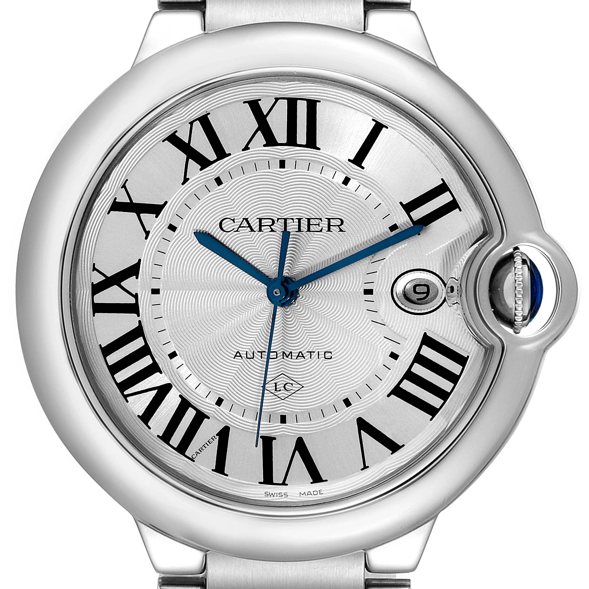 The image shows a close-up of the face and crown of the Ballon Bleu watch by Cartier.