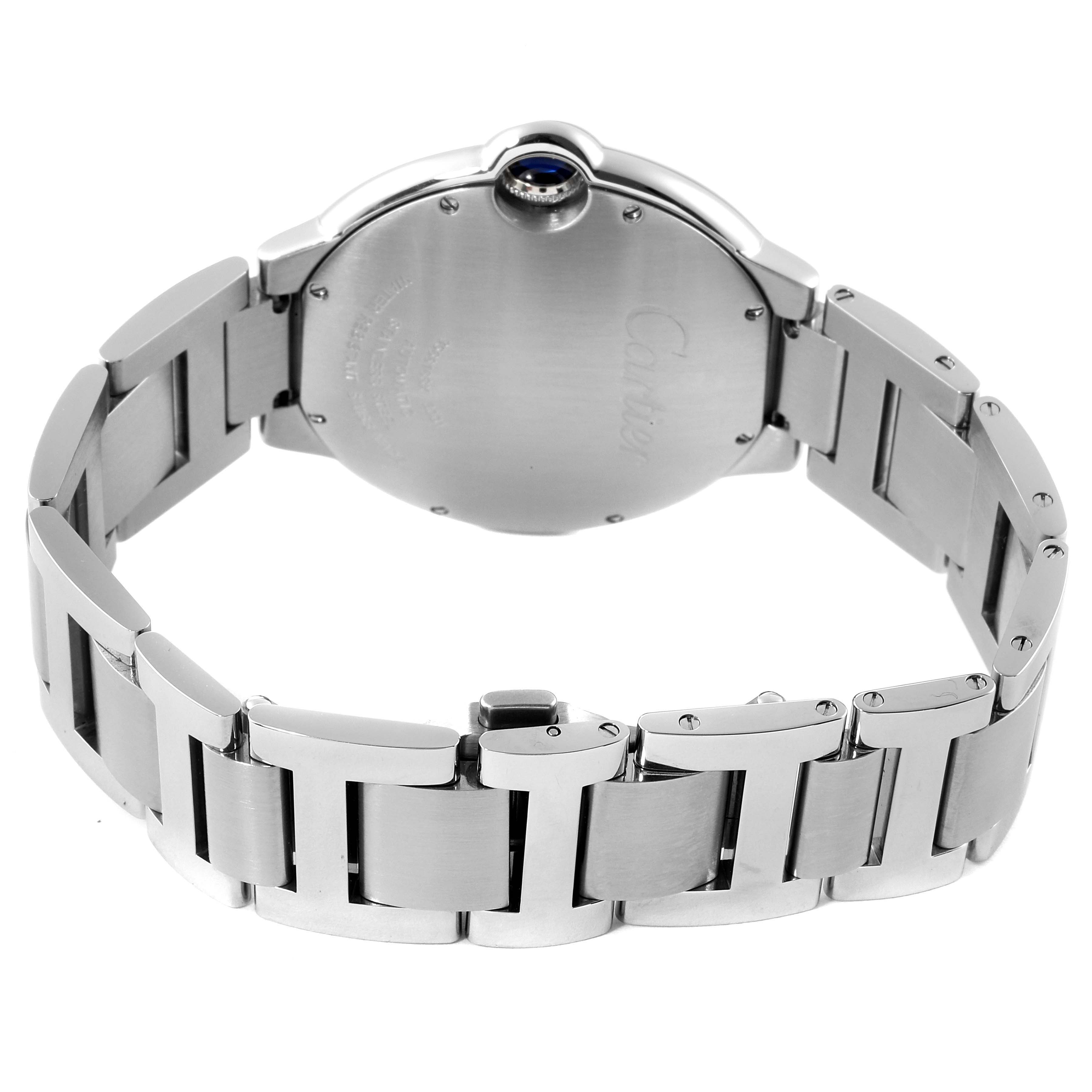 This image shows the back case and band of the Ballon Bleu model by Cartier, taken from a rear angle.