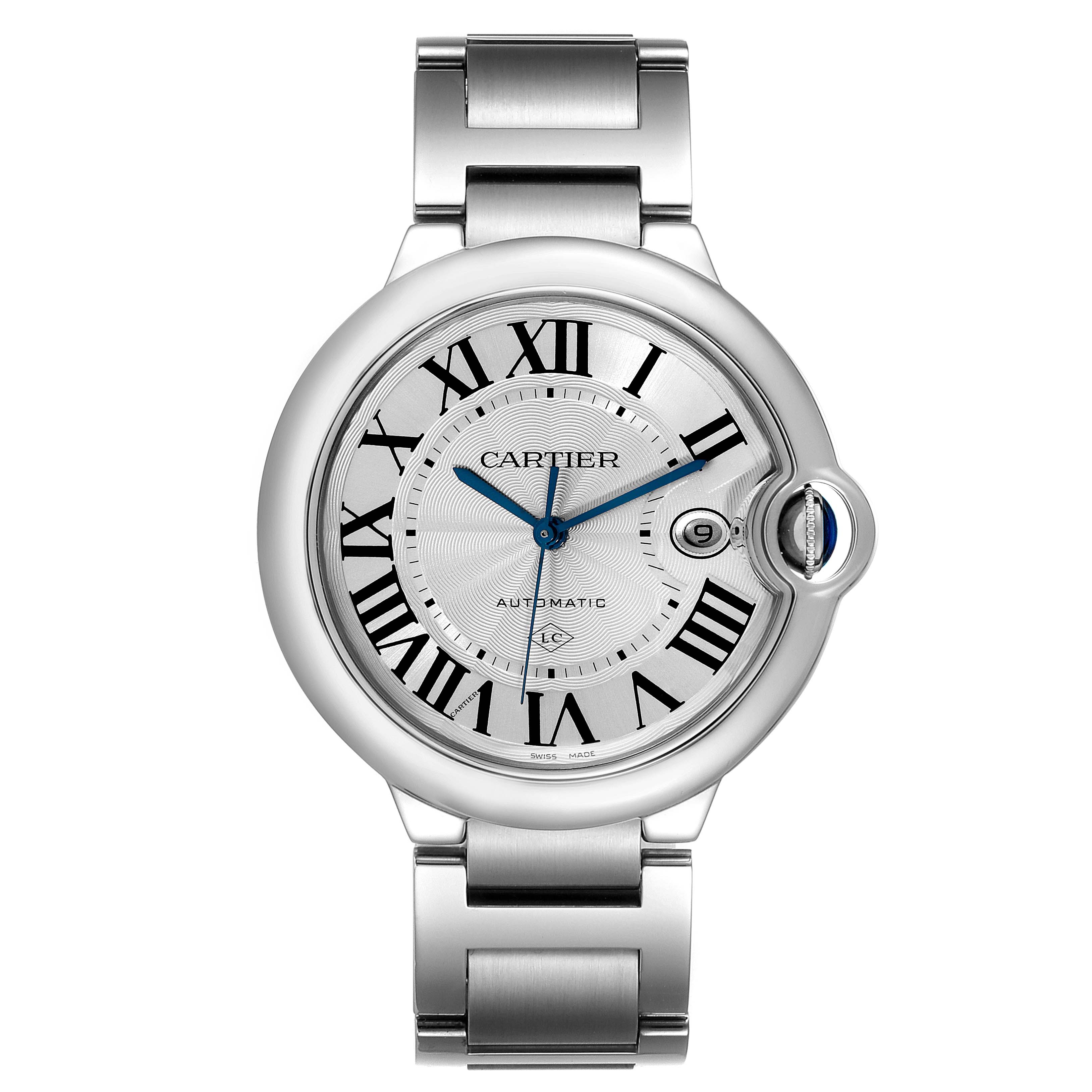 This image shows a front view of the Cartier Ballon Bleu W6920094 Men's Stainless Steel Silver Dial W6920094 Men's Stainless Steel Silver Dial watch, featuring its dial, bracelet, and crown with a blue cabochon.