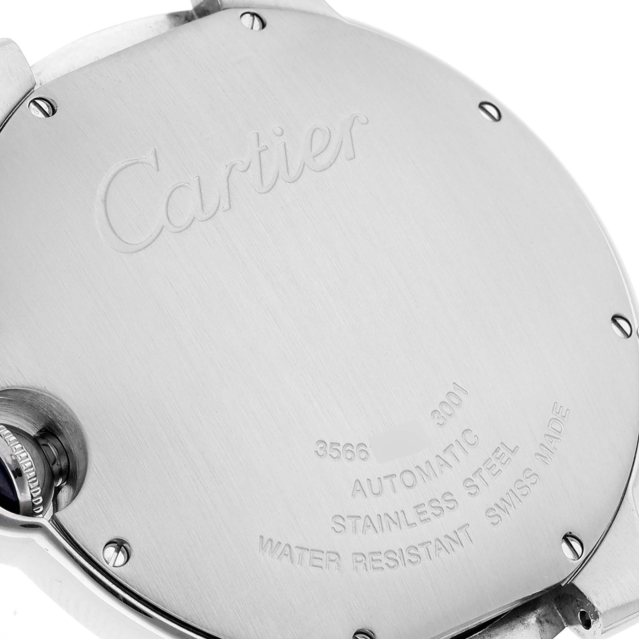 The photo shows the case back of the Cartier Ballon Bleu W6920094 Men's Stainless Steel Silver Dial W6920094 Men's Stainless Steel Silver Dial watch, highlighting engravings and a portion of the crown.