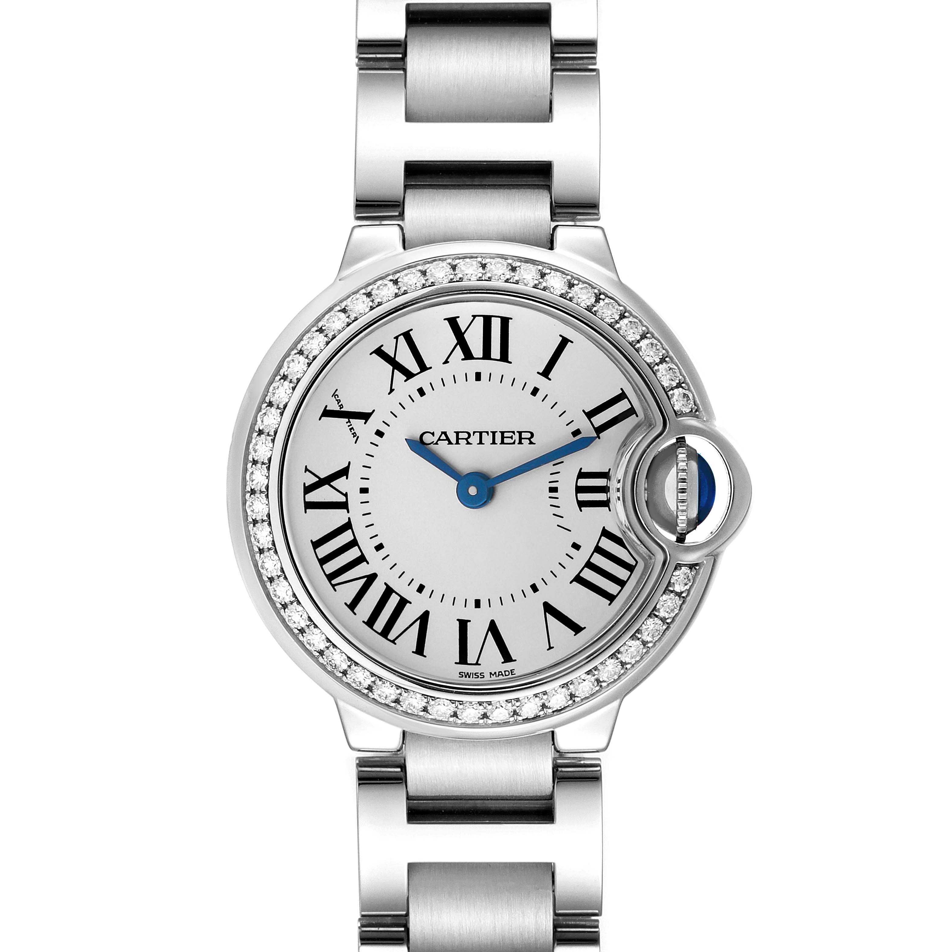 The image shows a front view of the Cartier Ballon Bleu W4BB0015 Women's Stainless Steel Silver Dial W4BB0015 Women's Stainless Steel Silver Dial watch, highlighting its dial, Roman numerals, and part of the bracelet.