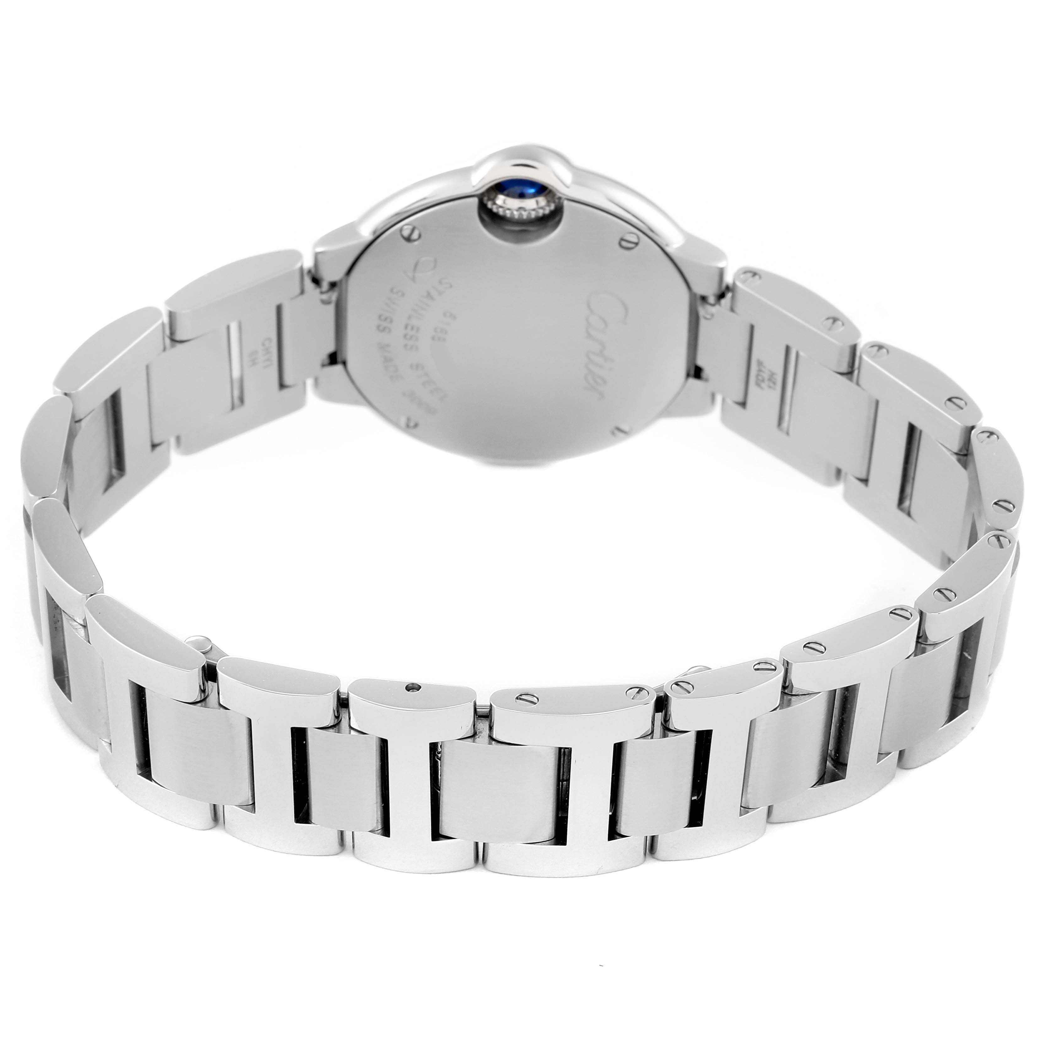 The image shows the back case and metal bracelet of a Ballon Bleu watch by Cartier at a rear angle.