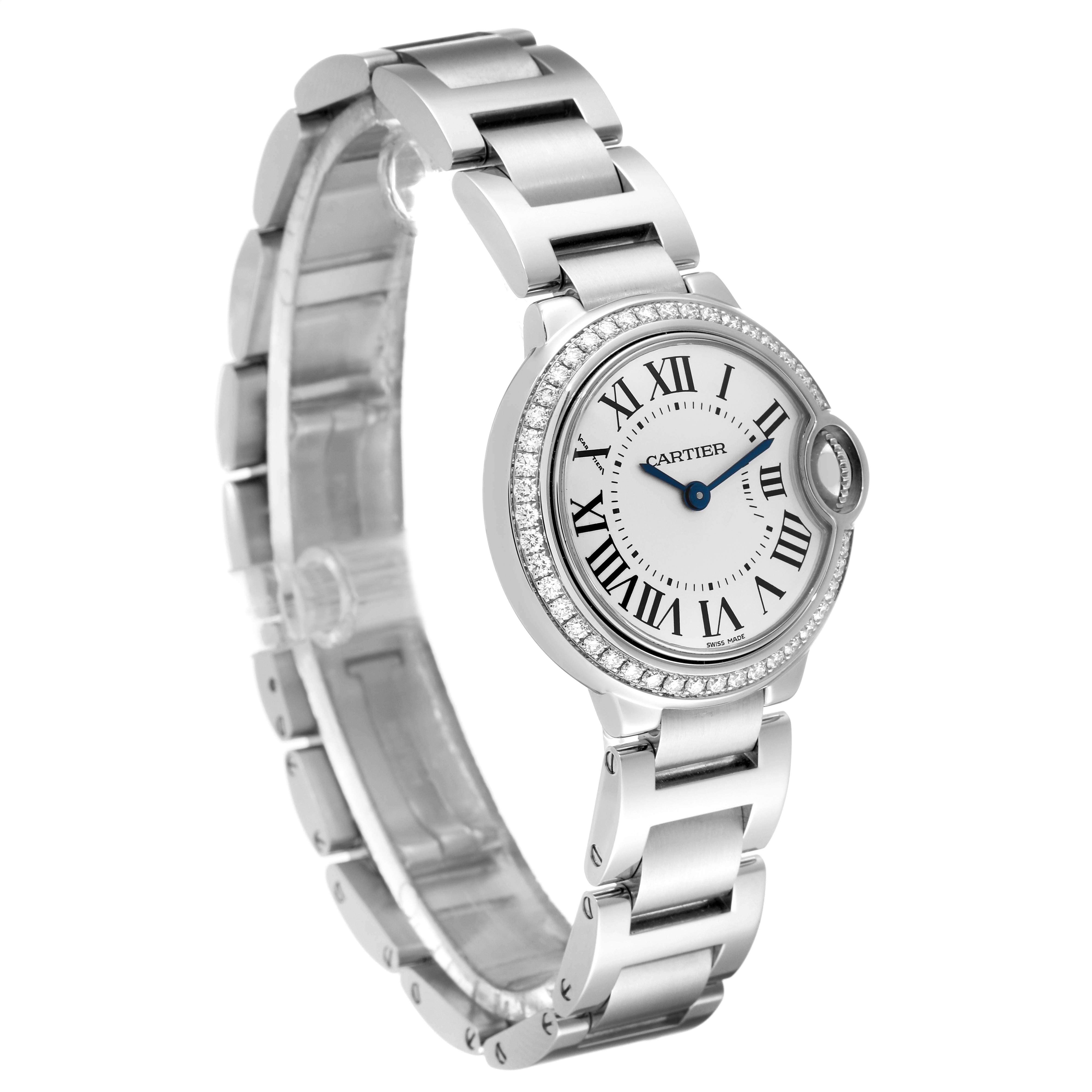The image shows a side angle view of the Cartier Ballon Bleu W4BB0015 Women's Stainless Steel Silver Dial W4BB0015 Women's Stainless Steel Silver Dial watch, highlighting its bezel, face, and metal bracelet.