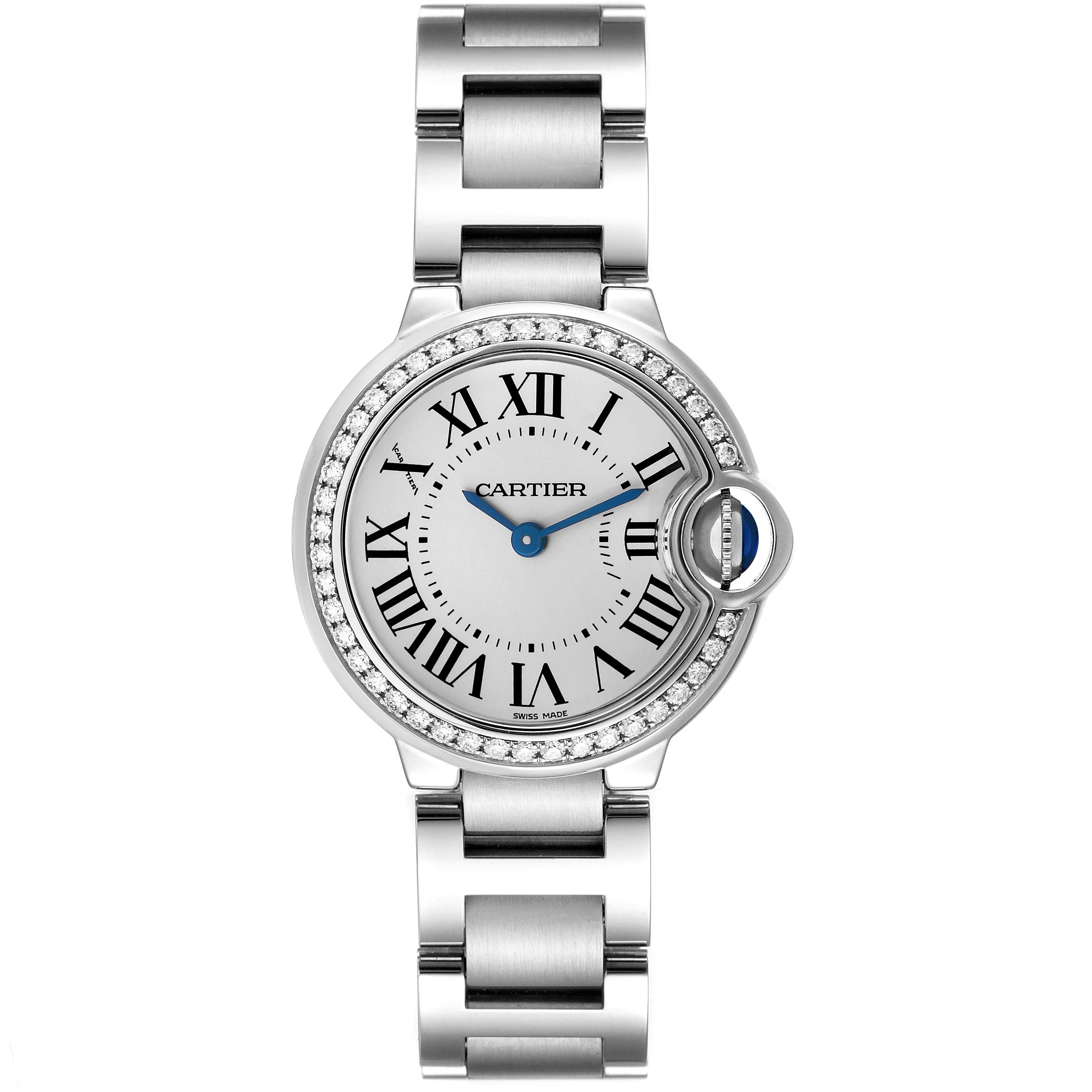 This image shows a Ballon Bleu model watch by Cartier, front view with metal bracelet and roman numeral dial.