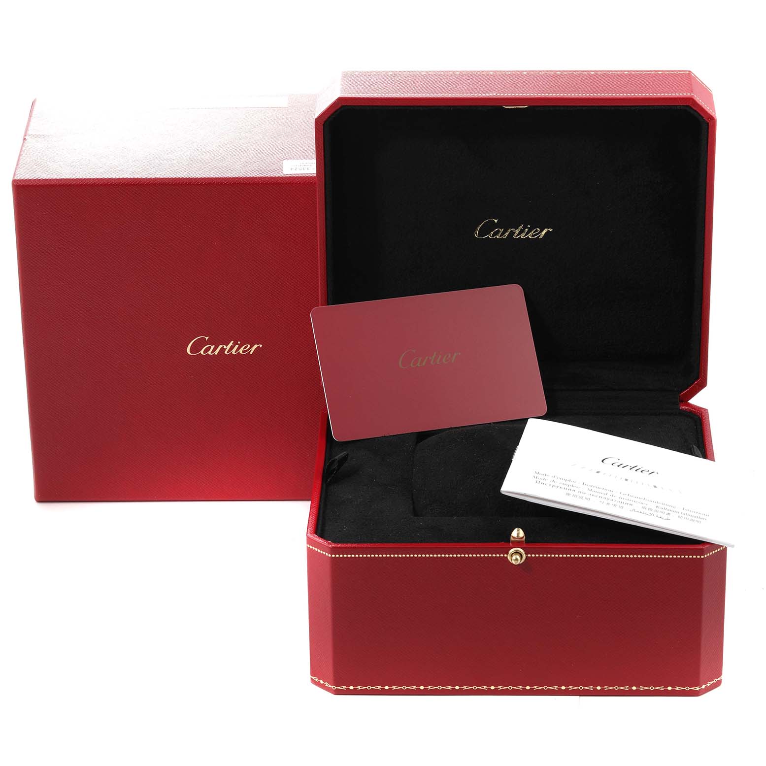 The image shows a Cartier Ballon Bleu W4BB0015 Women's Stainless Steel Silver Dial W4BB0015 Women's Stainless Steel Silver Dial watch box set with the outer box, inner case, and documentation.