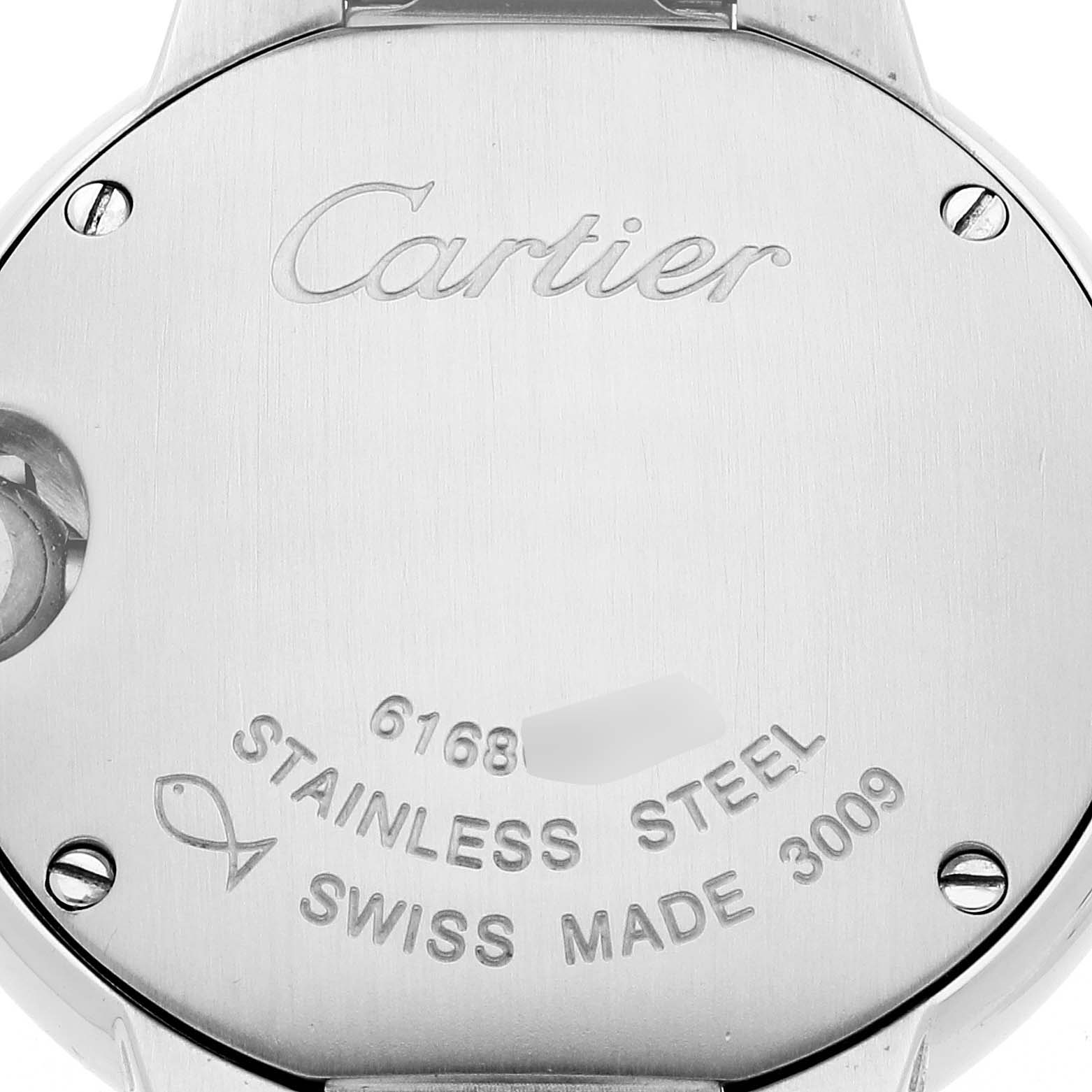 This is the back case of a Ballon Bleu model by Cartier, showing details like engraving, material, and screws.