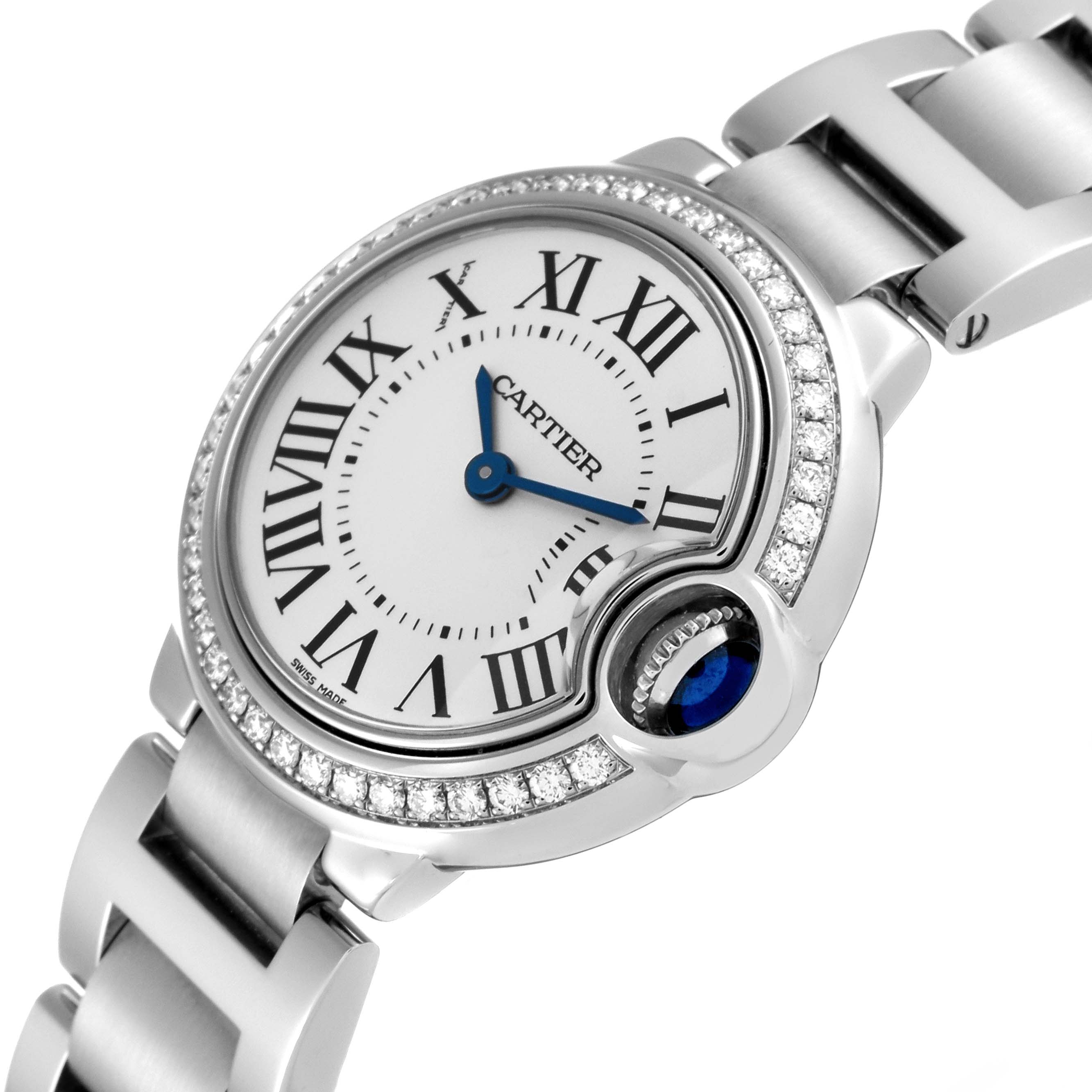 The image shows a close-up of the Cartier Ballon Bleu W4BB0015 Women's Stainless Steel Silver Dial W4BB0015 Women's Stainless Steel Silver Dial watch face, including its band, Roman numeral dial, and blue sapphire crown.