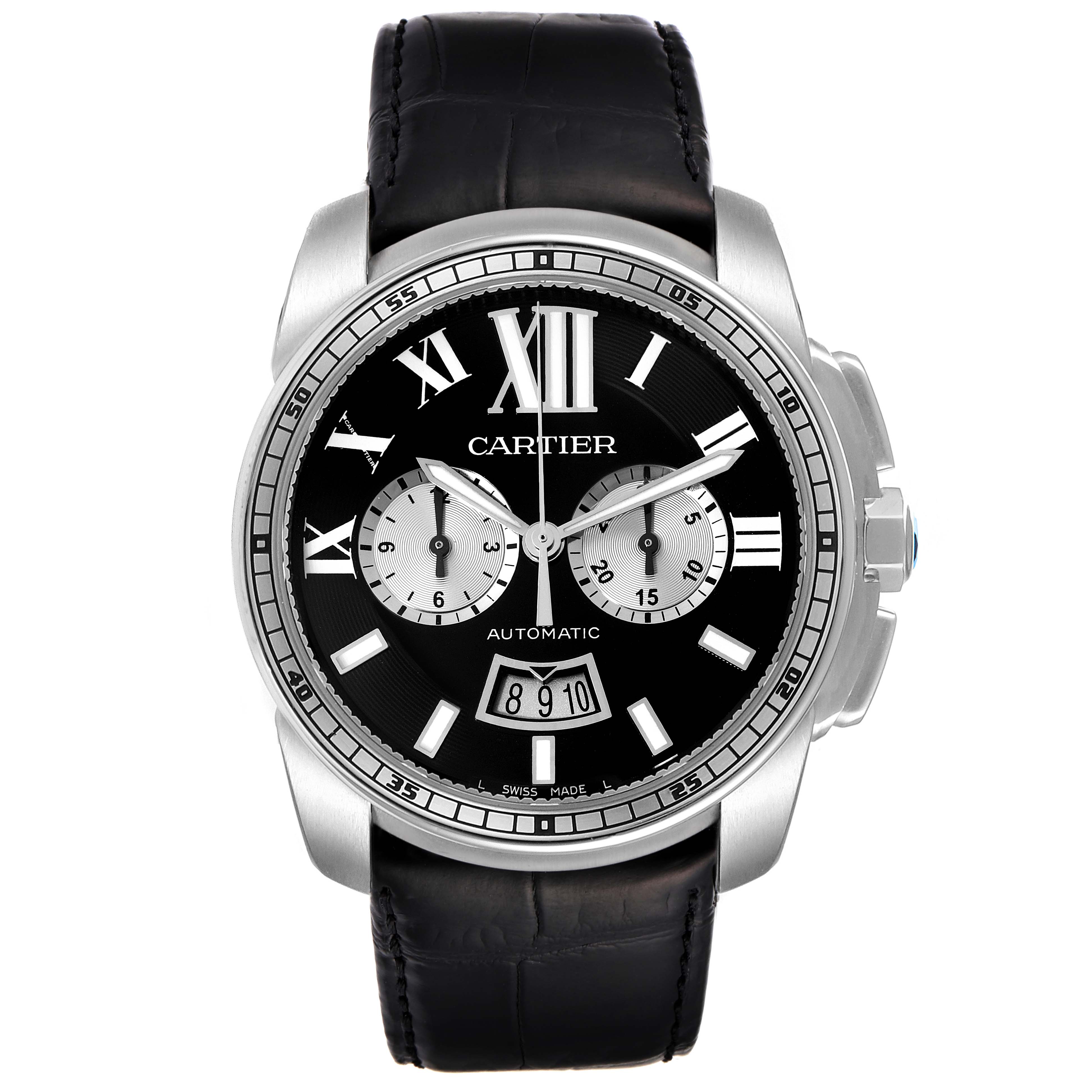 The Calibre de Cartier watch by Cartier is shown from a front angle, displaying its black dial, chronograph subdials, and leather strap.
