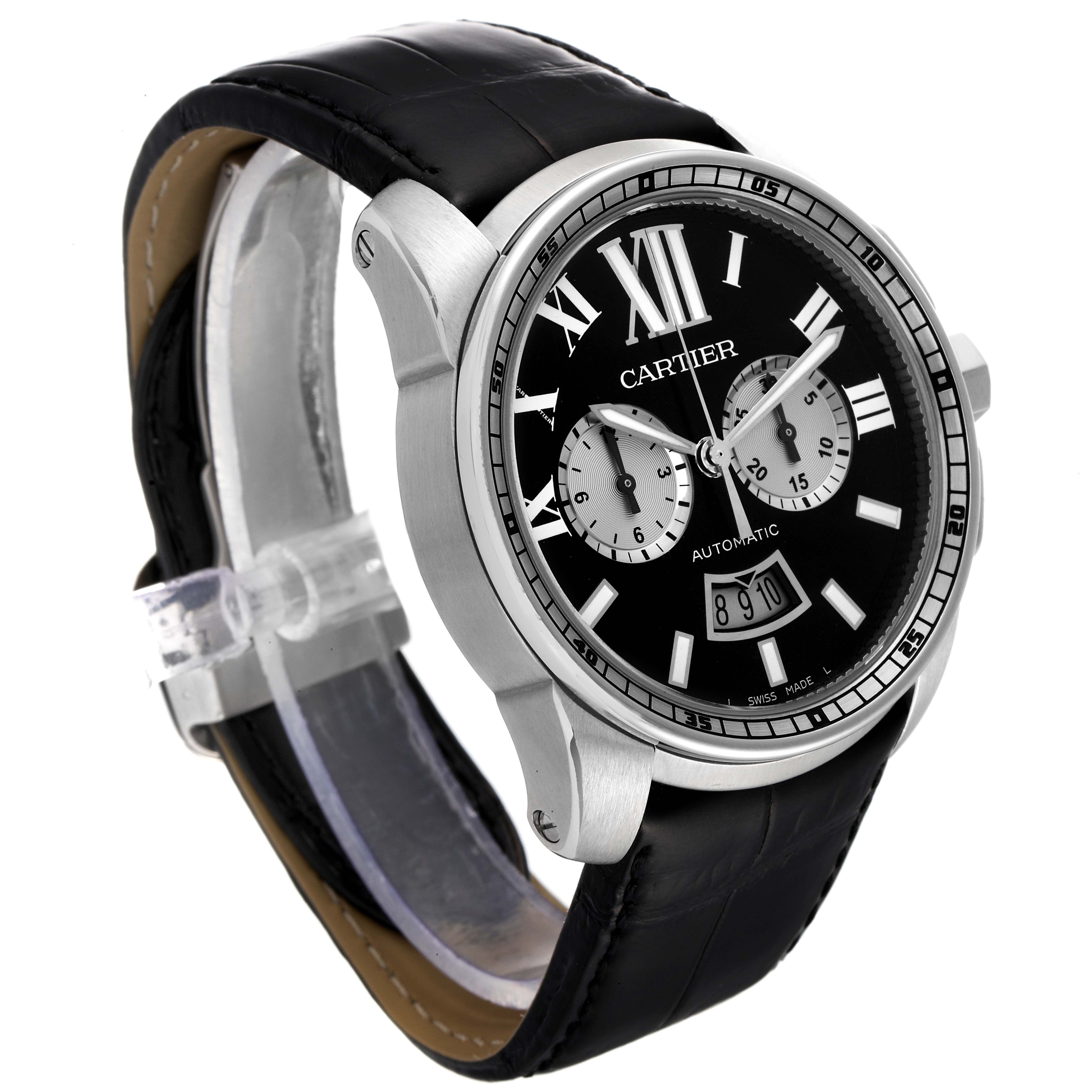 The image shows a Calibre de Cartier watch by Cartier from a three-quarter angle, displaying its face and leather strap.