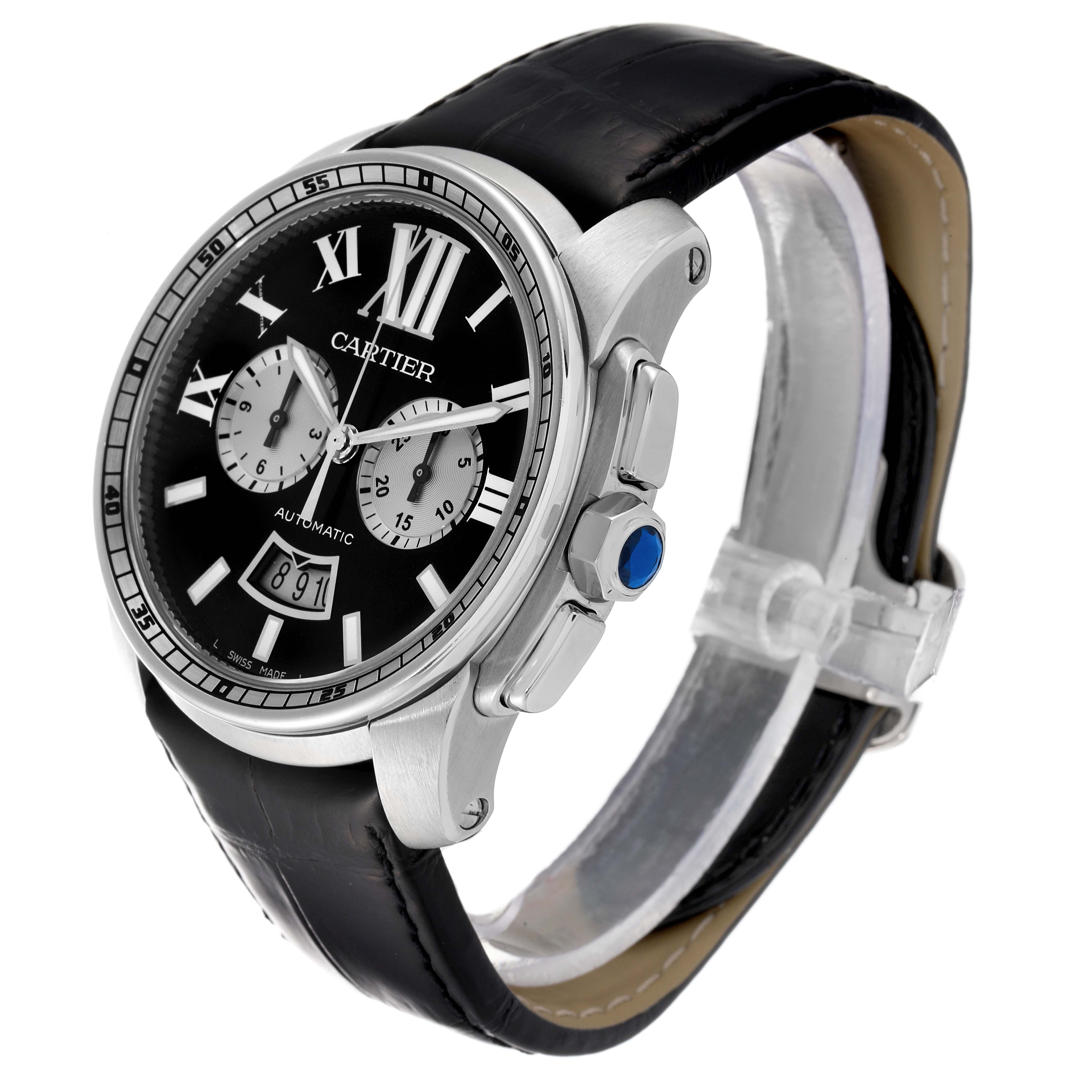 This image shows a side and front angle of the Calibre de Cartier watch by Cartier, highlighting its black leather strap and dial details.