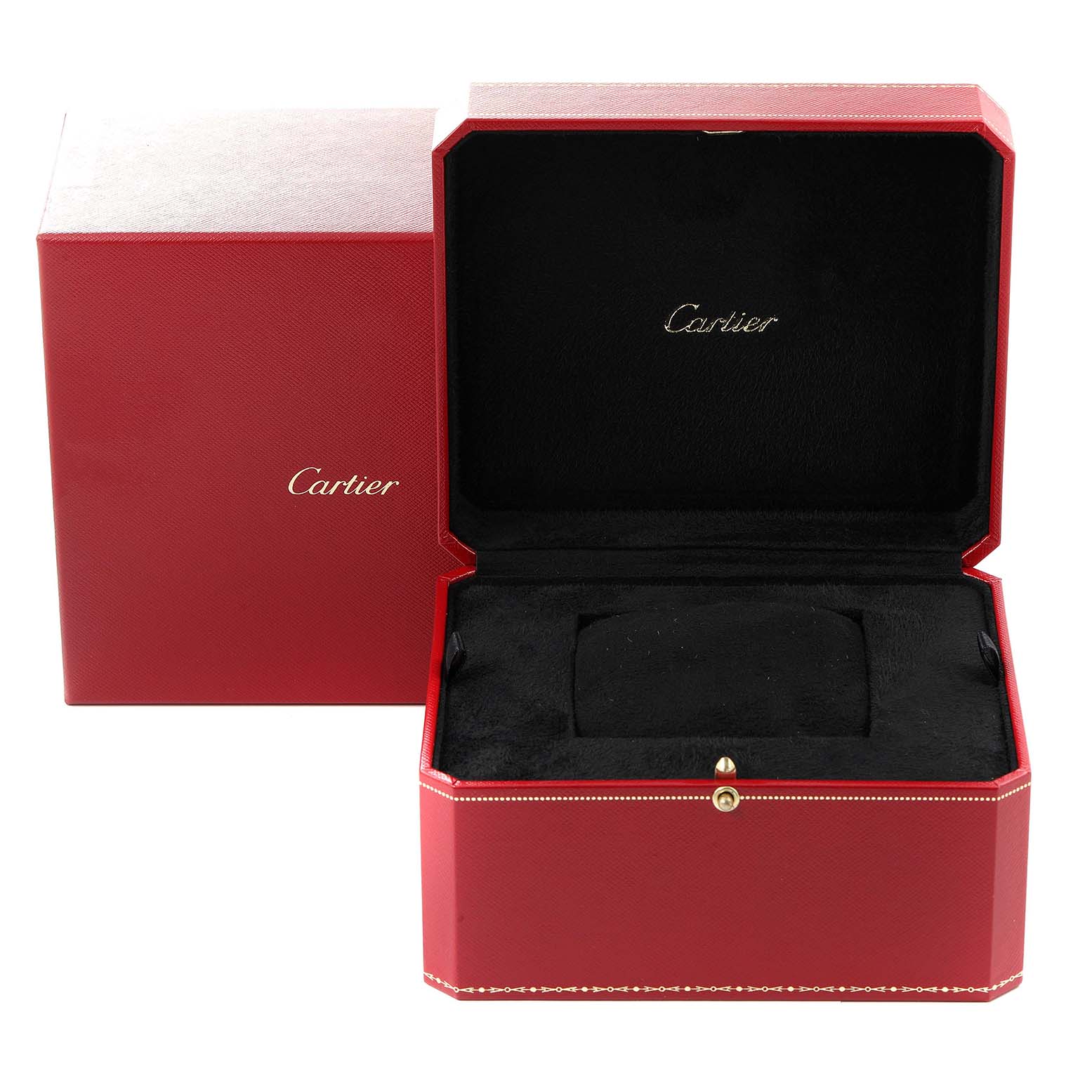 The image shows an open red and black Cartier watch box for the Calibre de Cartier model, viewed from the front.