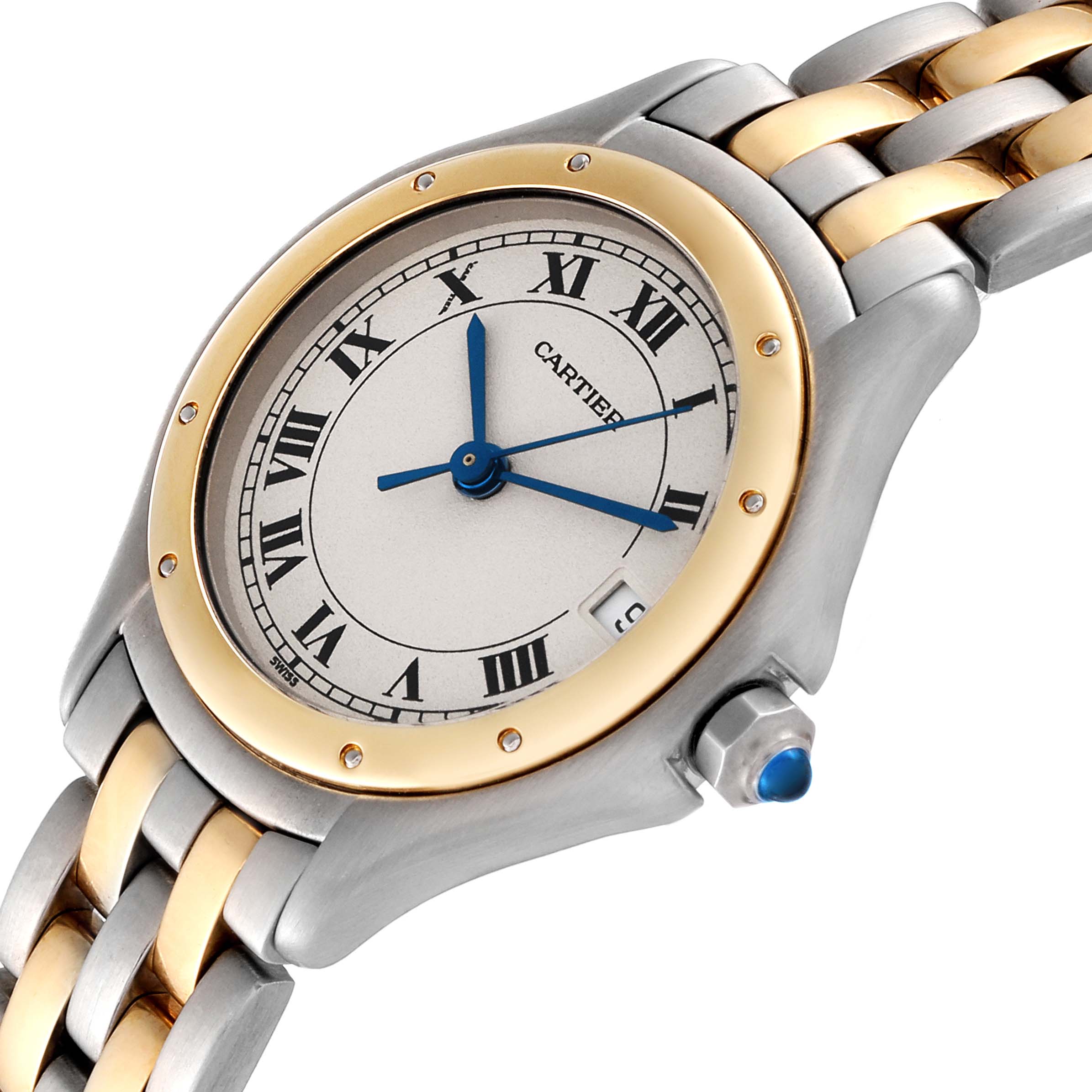 The Panthere model by Cartier is shown at a three-quarter angle, highlighting its face, bezel, and part of the strap.