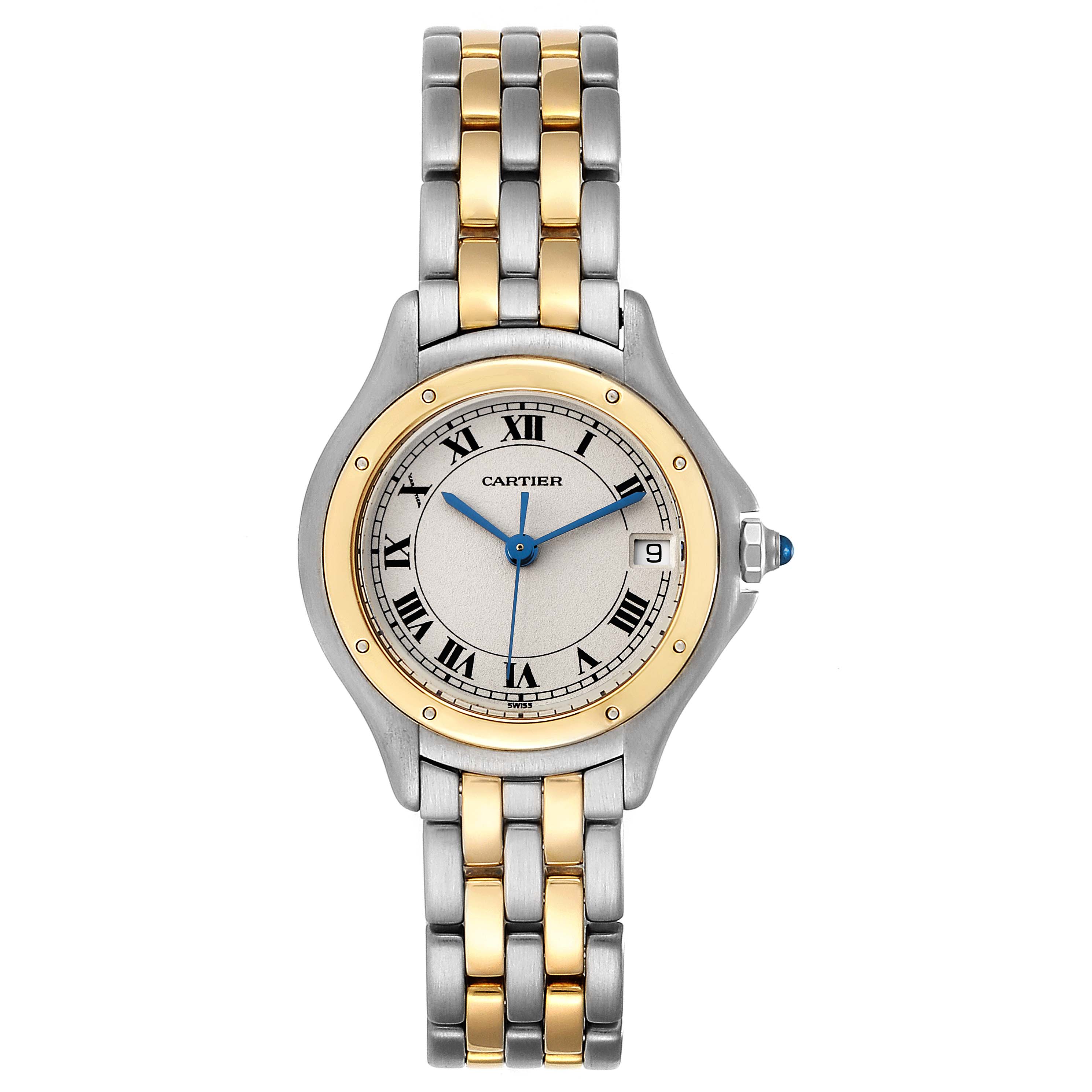 This image shows a Cartier Panthere W35005B6 Women
s Steel and Gold (two tone) Silver Dial W35005B6 Women
s Steel and Gold (two tone) Silver Dial watch in a vertical angle displaying the dial and two-tone metal strap.