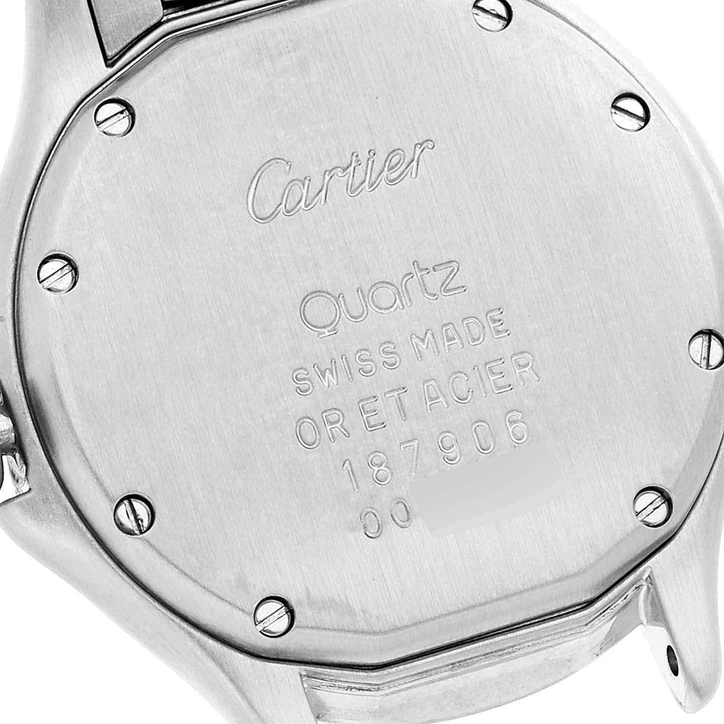 This is the back view of the Cartier Panthere W35005B6 Women
s Steel and Gold (two tone) Silver Dial W35005B6 Women
s Steel and Gold (two tone) Silver Dial watch, showcasing the engraved details and screws.