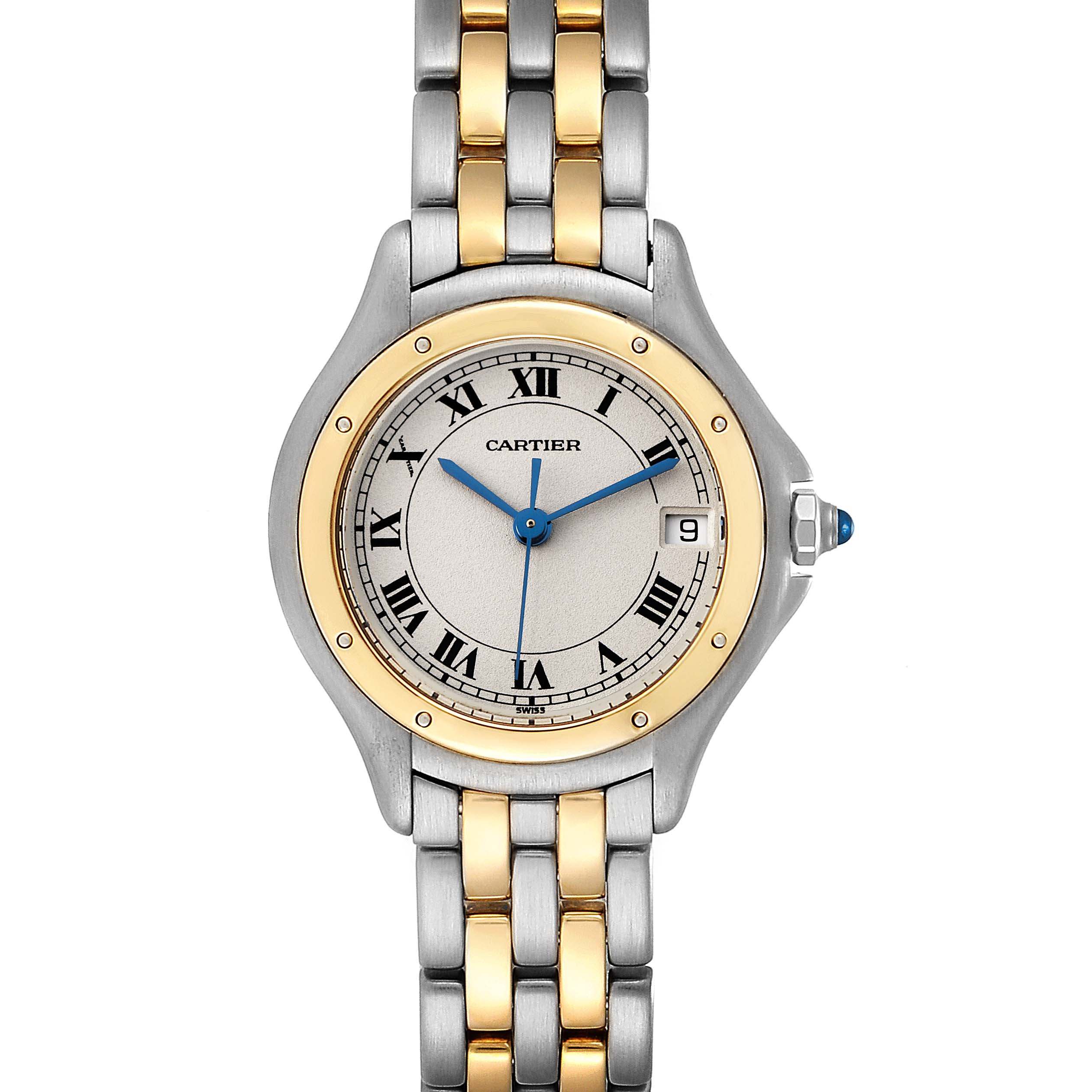 The image shows a front view of a Cartier Panthère watch, detailing its two-tone bracelet, Roman numeral dial, and blue hands.