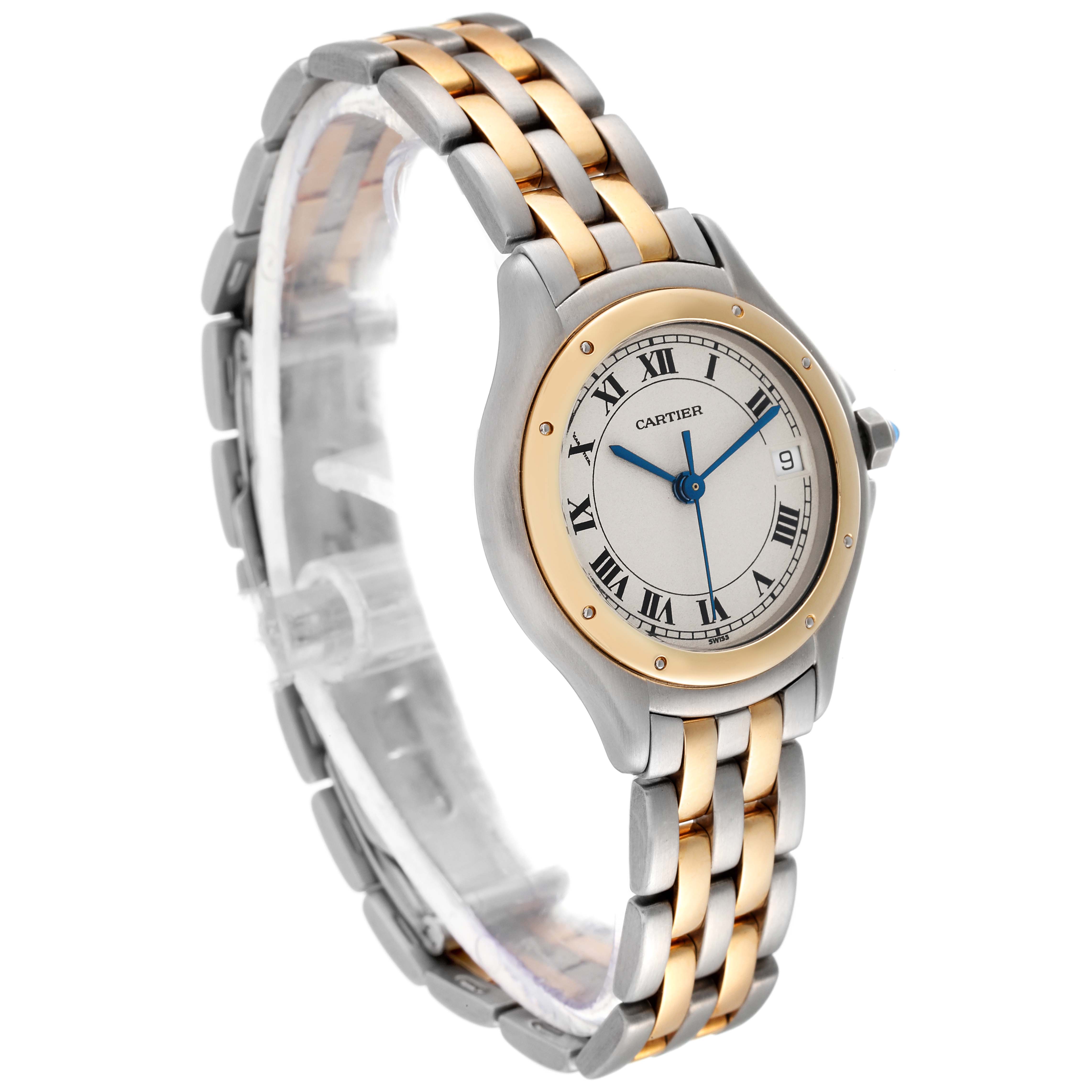 This image shows a Cartier Panthere W35005B6 Women
s Steel and Gold (two tone) Silver Dial W35005B6 Women
s Steel and Gold (two tone) Silver Dial watch from a three-quarter angle, displaying the face, bezel, and two-tone bracelet.