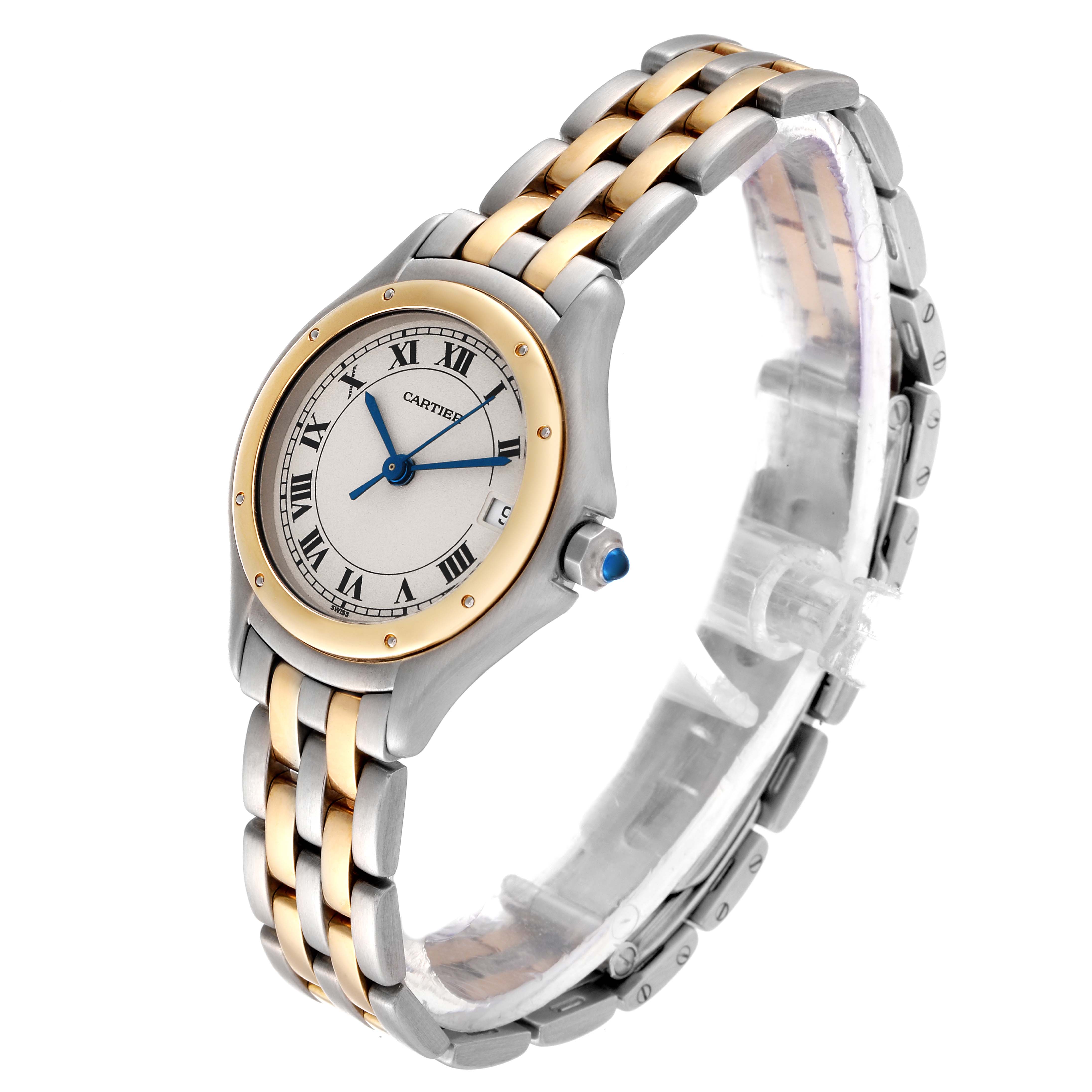 The image shows a side angle view of a Cartier Panthere W35005B6 Women
s Steel and Gold (two tone) Silver Dial W35005B6 Women
s Steel and Gold (two tone) Silver Dial model watch, highlighting its face, bezel, and bracelet.