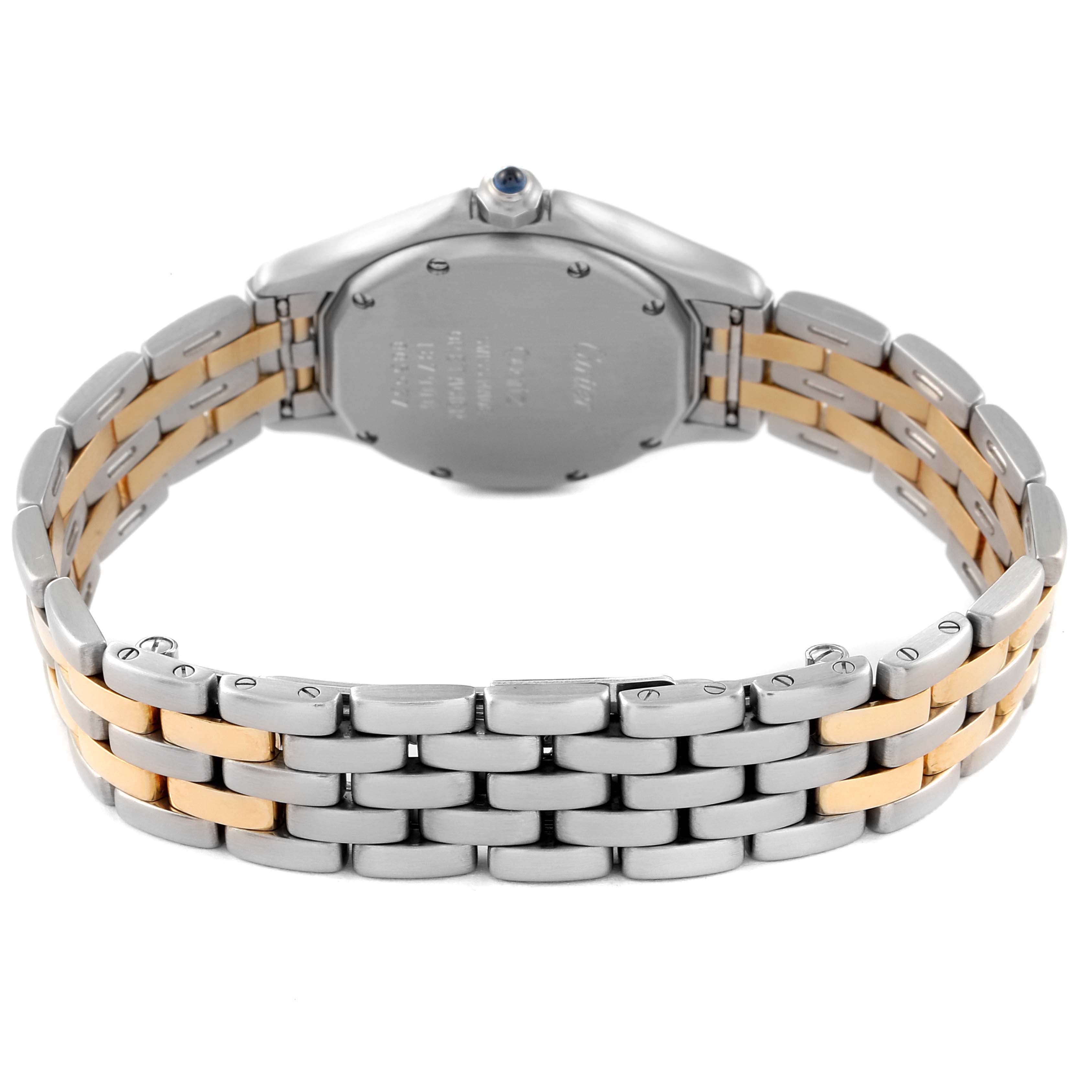 This image shows the back view of a Cartier Panthère watch, highlighting its two-tone bracelet and case back.