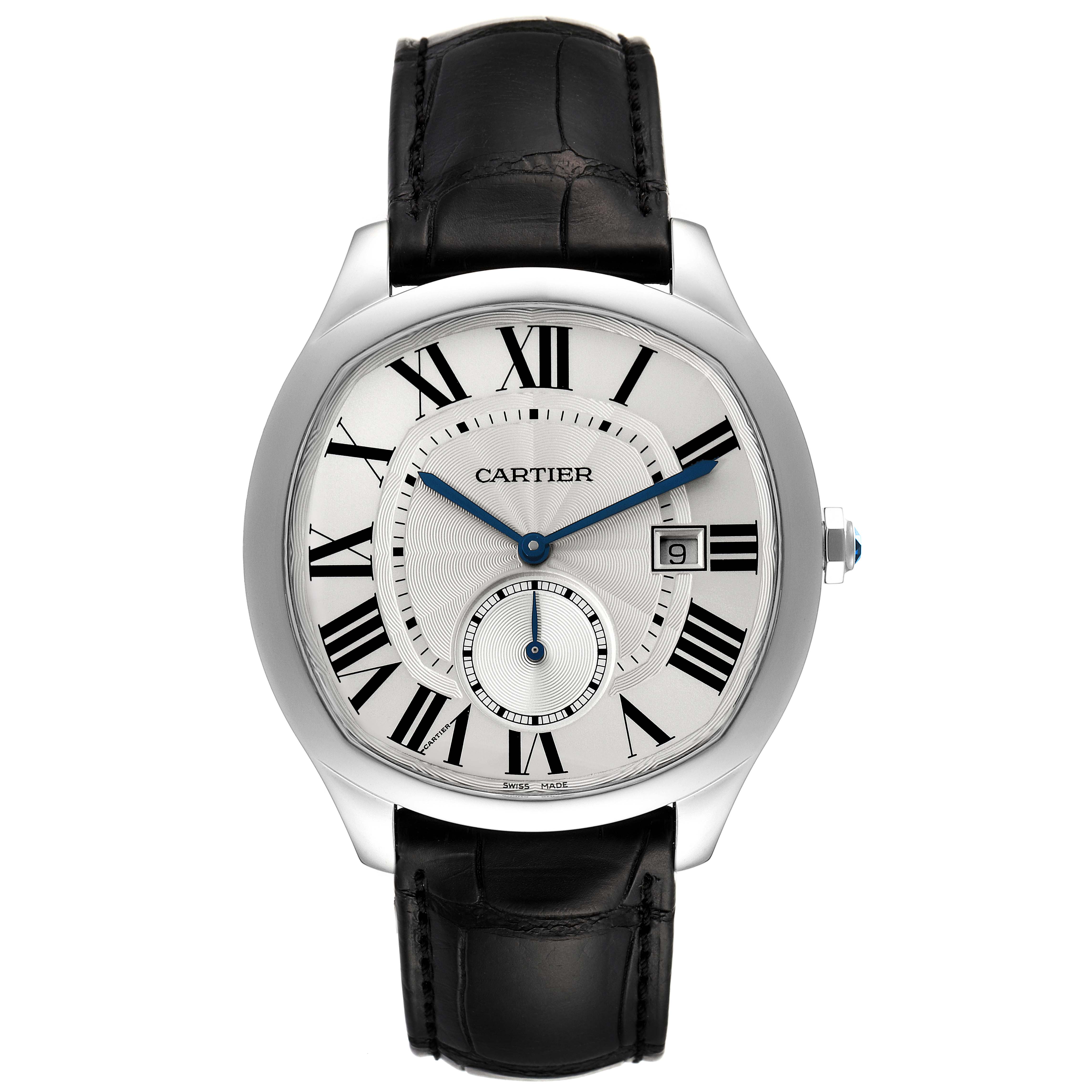 The image shows a Drive de Cartier watch by Cartier from a front angle, highlighting the dial, Roman numerals, sub-dial, and leather strap.