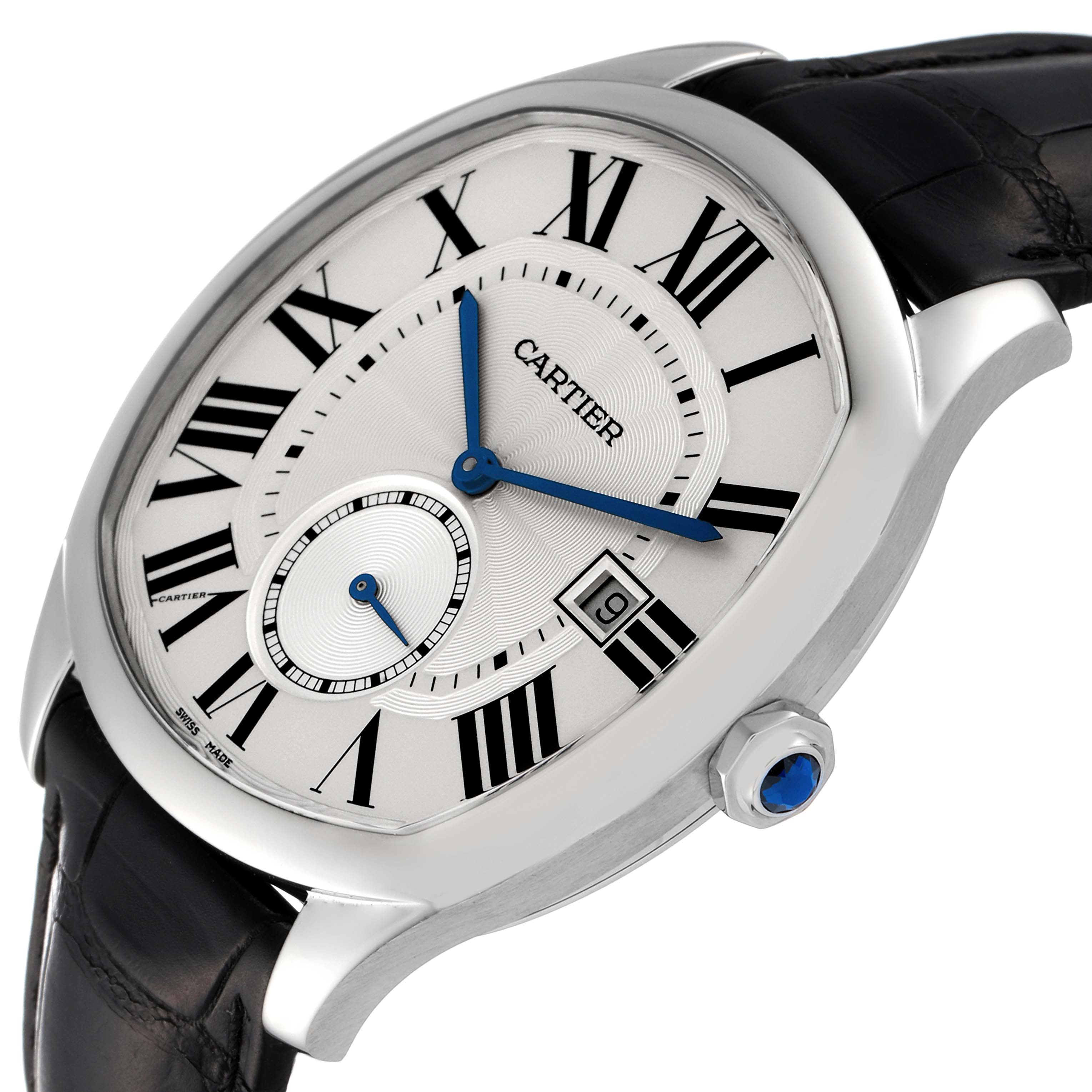 The image shows a Drive de Cartier watch by Cartier, featuring a close-up of the dial, crown, and part of the leather strap.