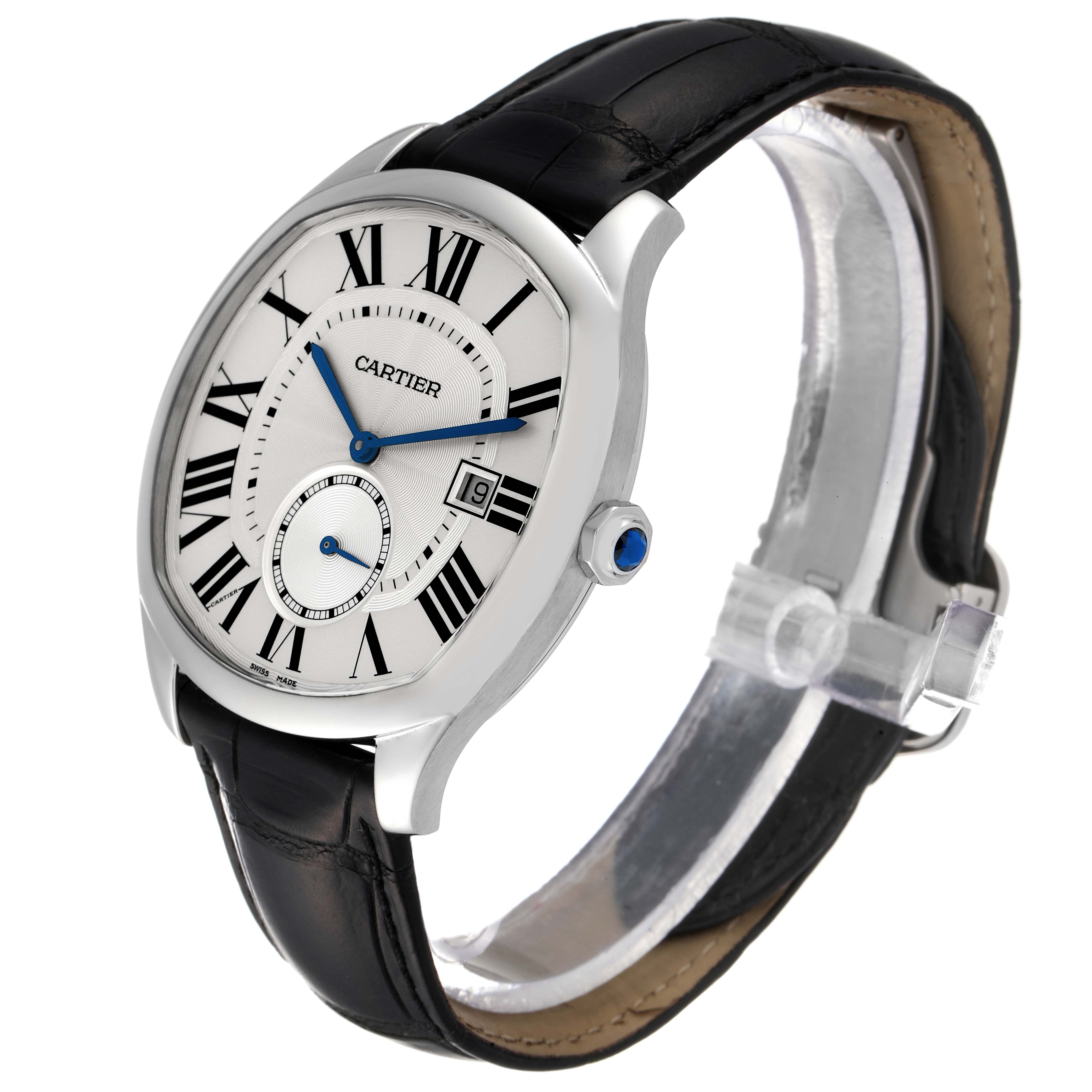 The image shows a Drive de Cartier watch by Cartier at a three-quarter angle, highlighting its black leather strap and silver dial with Roman numerals.