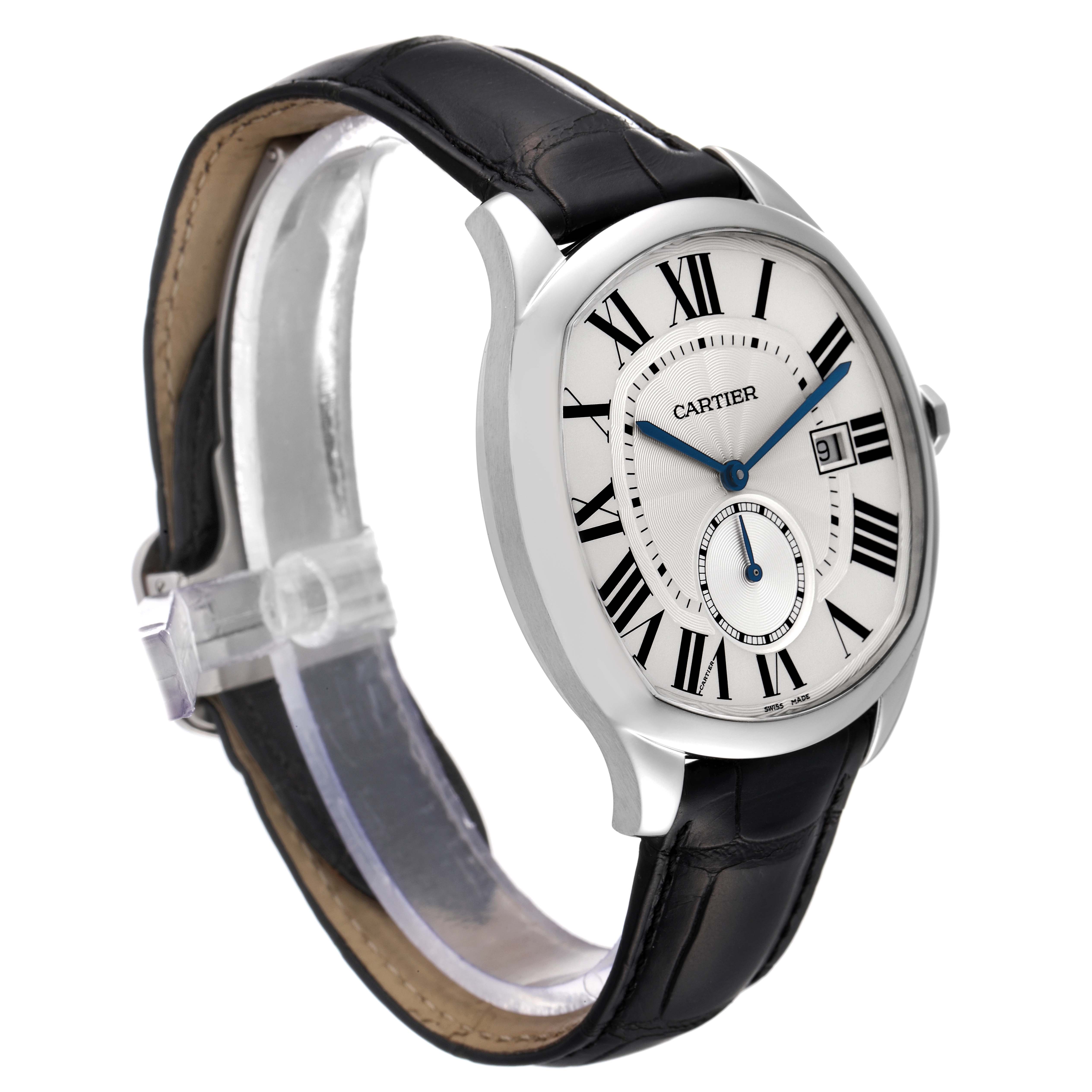 The image shows a Drive de Cartier watch by Cartier at a three-quarter angle, highlighting the face, strap, and clasp.